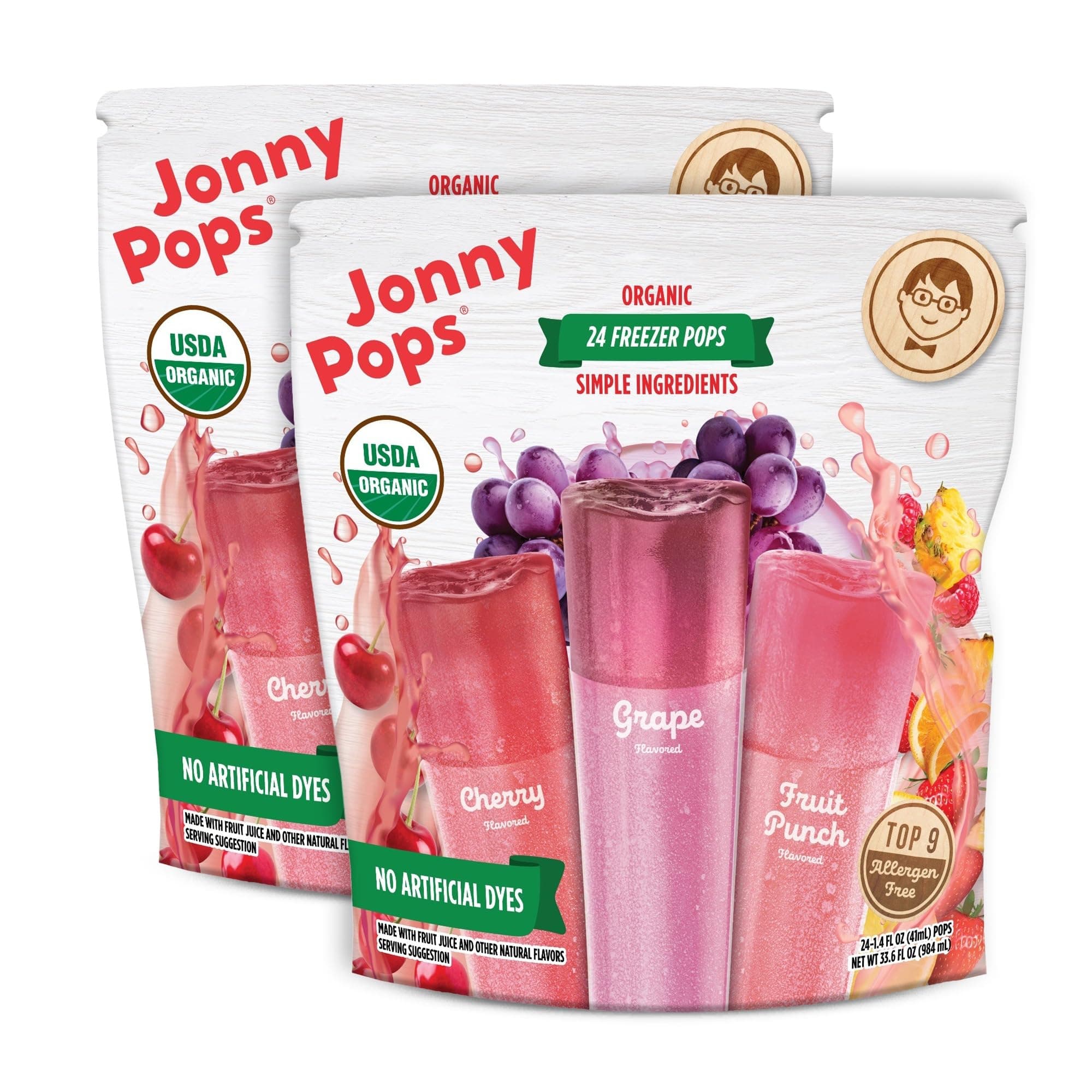 JonnyPops Organic Freezer Pops Variety Pack - Grape, Cherry, Fruit Punch - Top 8 Allergen Free, Vegan & Kosher (24 count – 2 Pack)