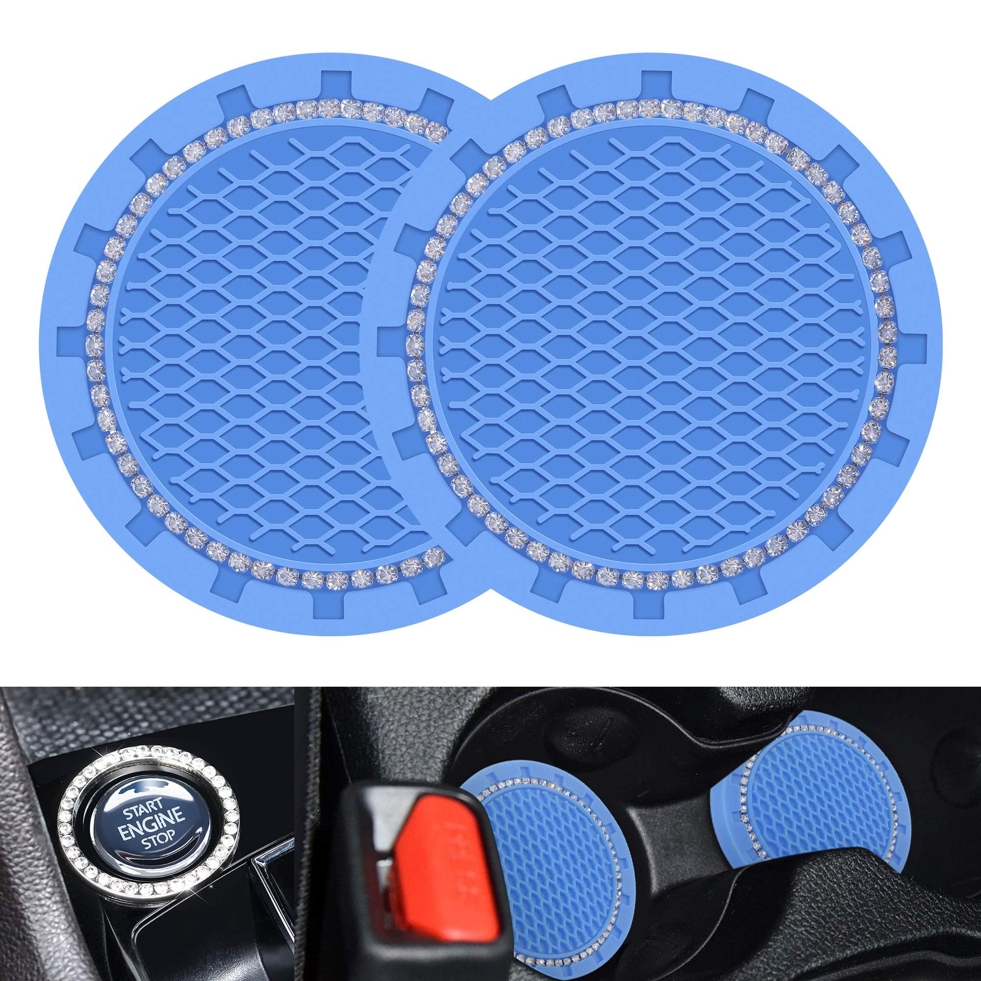 Bling Car Cup Holder Insert Coaster for Women's Auto Interior Accessories & Crystal Rhinestone Ring for Engine Ignition Button - Glitter Shining Girl's Vehicle Decoration(2.75" Diameter/Blue)