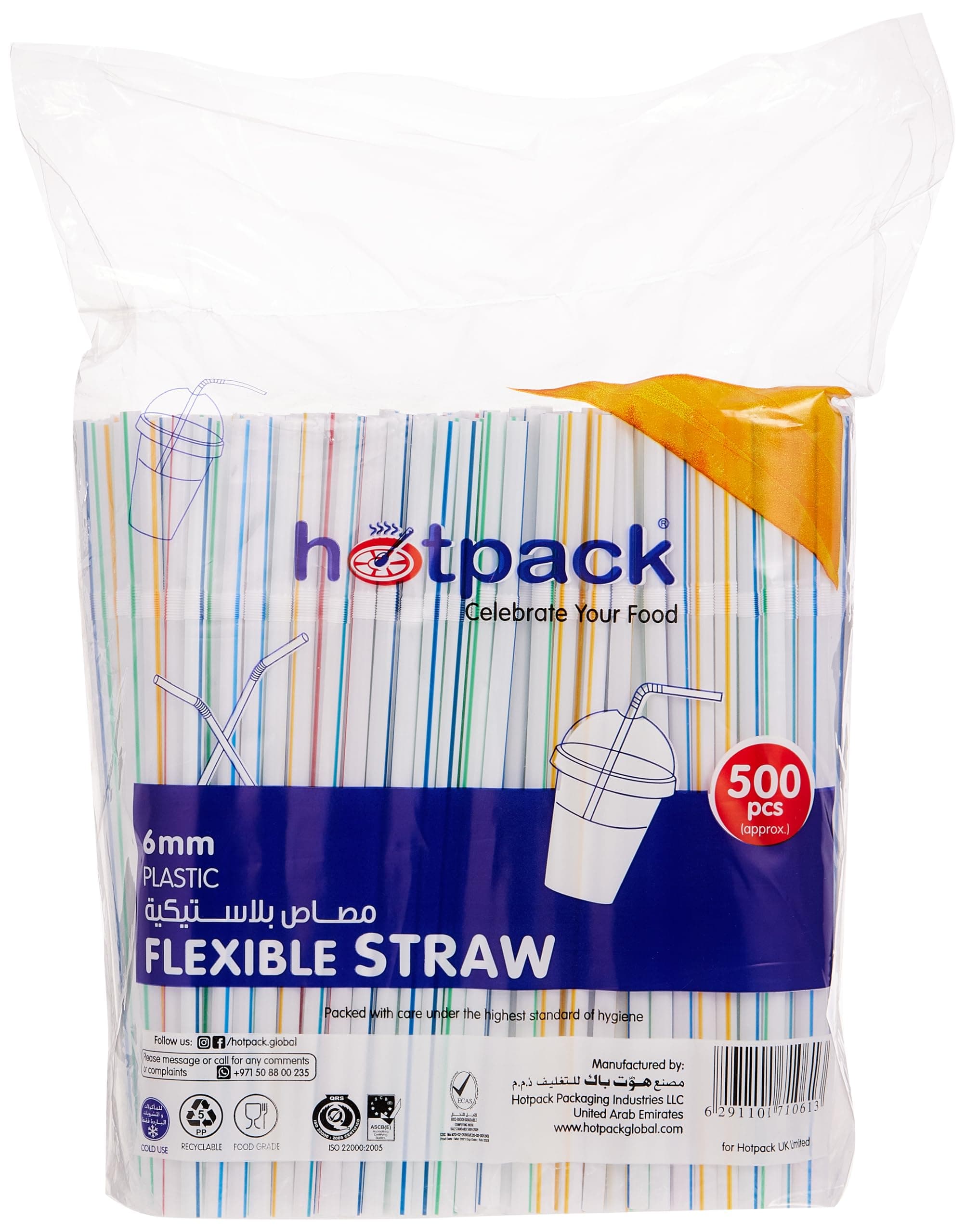 Hotpack Disposable Flexible Drinking Straws 6mm for cold drinks , Juice , 500 Pieces