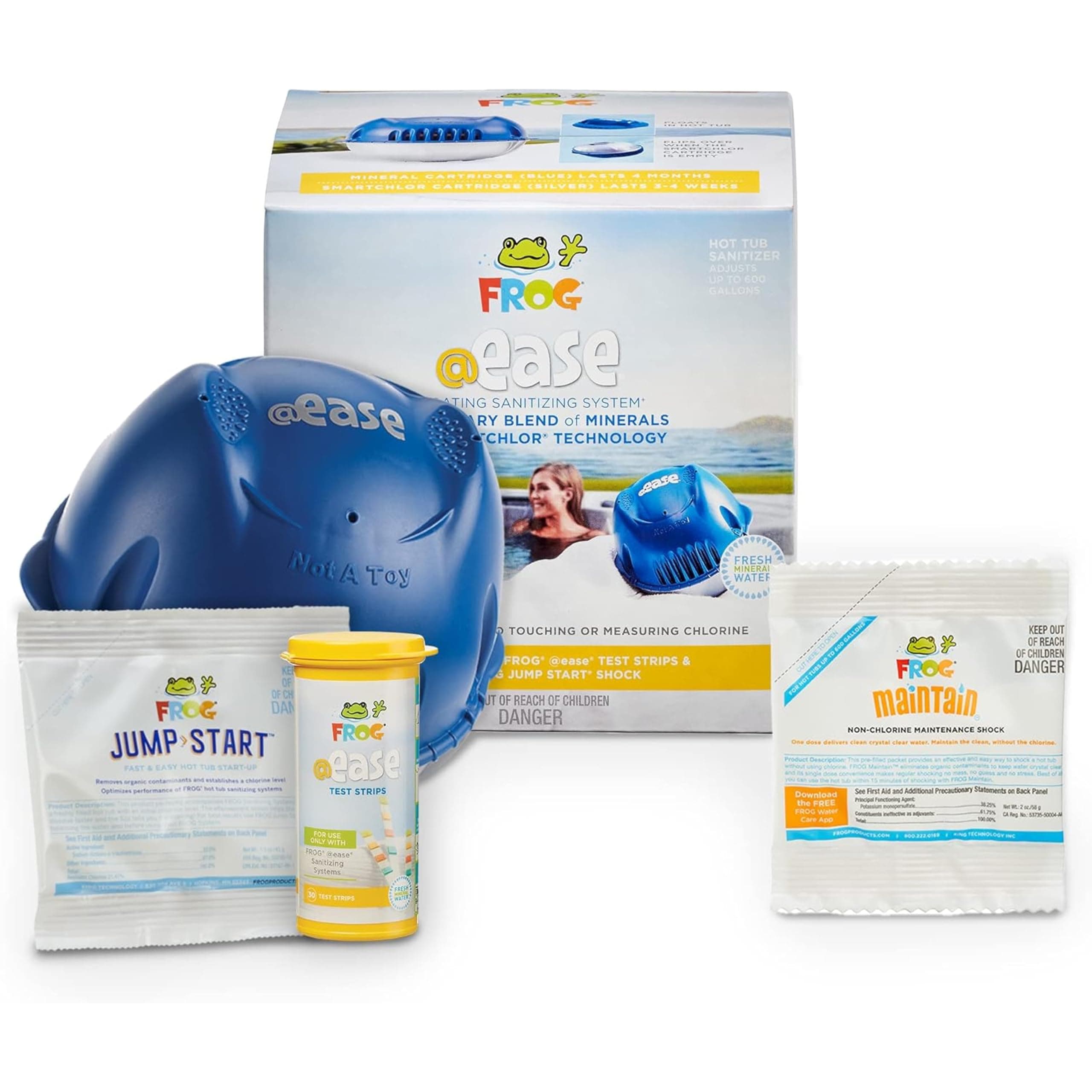FROG @Ease Floating Sanitizing System for Hot Tubs up to 600 gallons, Self-Regulating Spa Sanitizer + 1 Packet of FROG Maintain Non-Chlorine Shock Treatment, Cyanuric Acid Free