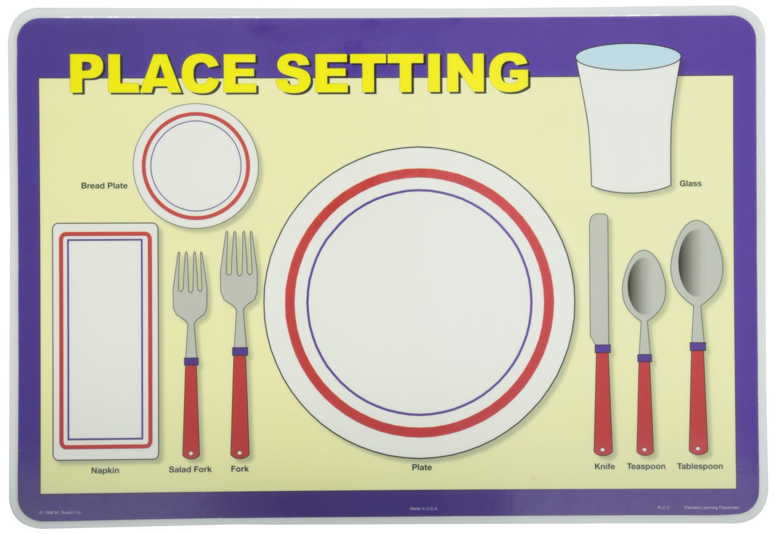 Painless Learning Place Setting Placemat 12 x 17 1/2 inches, Multicolor