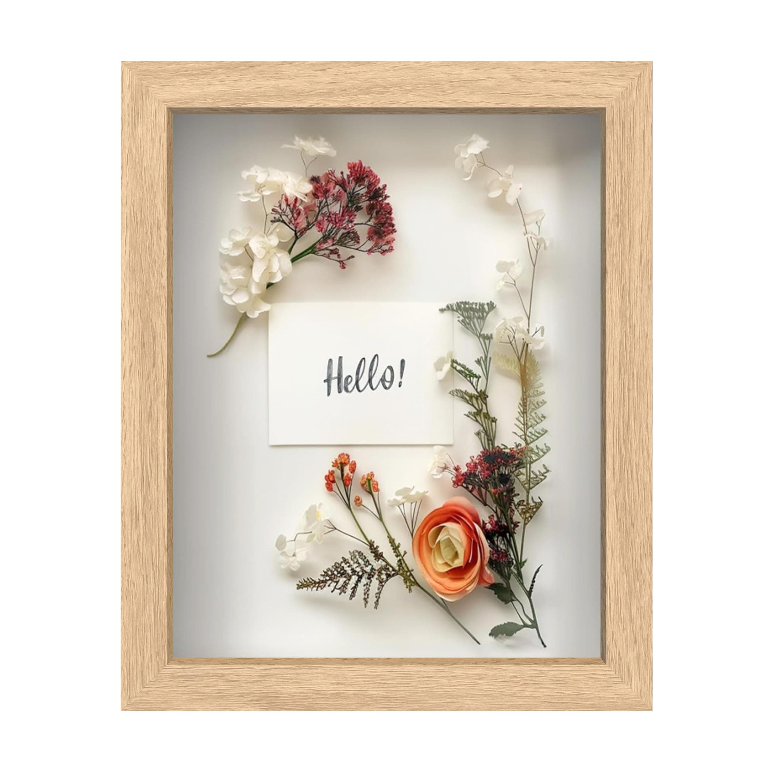 FrameWorks 8” x 10” Natural Oak Wooden Shadow Box Frame – Display Case with Soft Felt Back, Memory Box with Tempered Glass, Display Box with Elegant White Ball Push Pins, Wooden Flower Box
