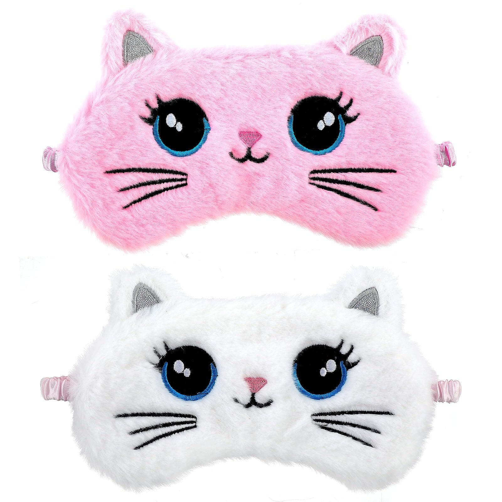 2 Pcs Plush Eye Mask Soft Sleeping Blindfold Eye Cover Comfortable Cute Animal Sleeping Mask Satin Nap Night Eyeshade Cover for Women Men Gift (Pink White Cat Style)