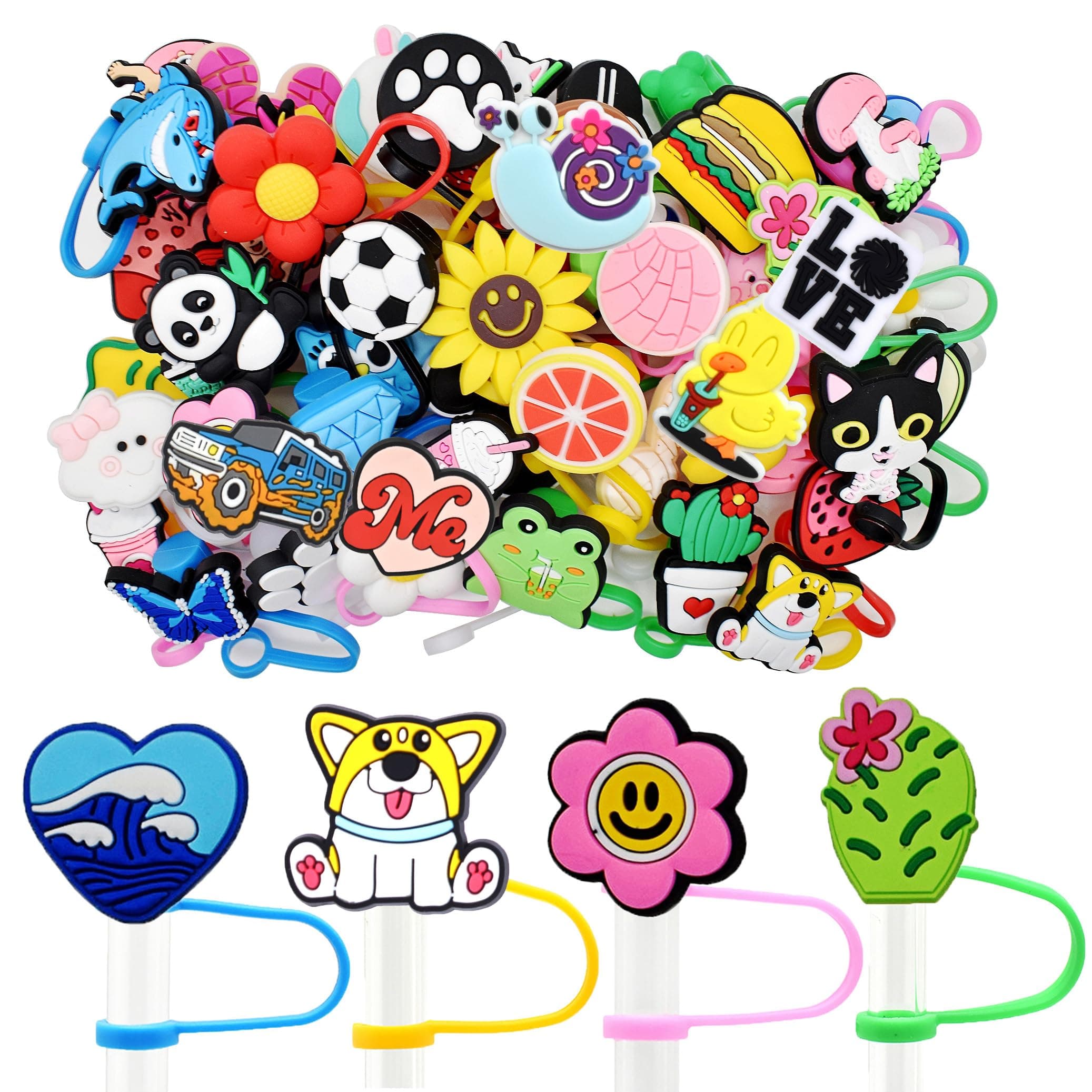 YEALQUE Random Different 50PCS Straw Covers Cap Dust Proof Straw Tips Cover Cute Reusable Drinking Straw Toppers PVC Straw Cover for 7-8 mm Tumbler Cup Straw Accessories (50)