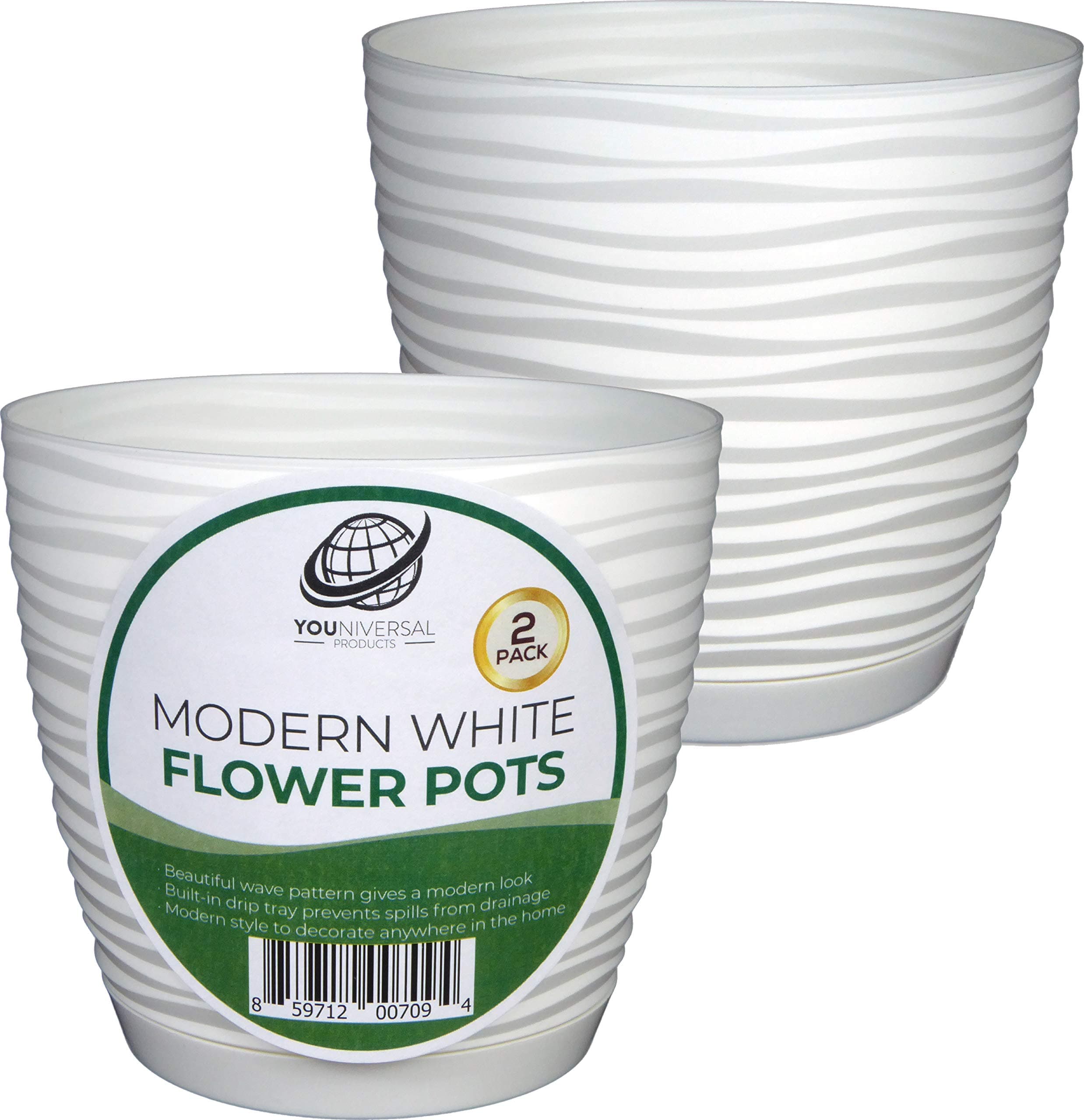 2 Pack of Modern Round White Plastic Flower Pots