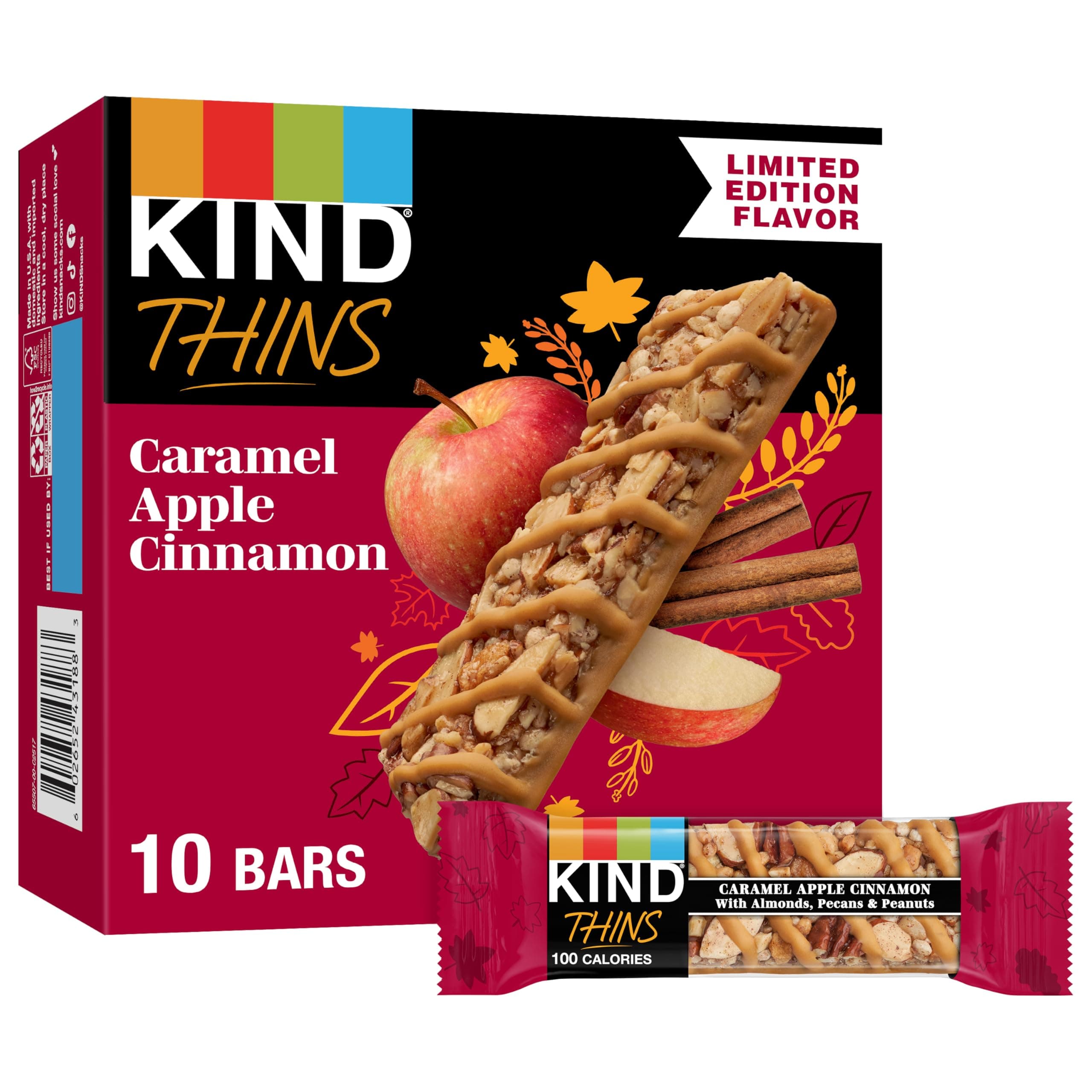 KIND Thins Snack Bars, Caramel Apple Cinnamon, Gluten Free, Low Calorie, Healthy Snacks, 5g Sugar, 10 Count