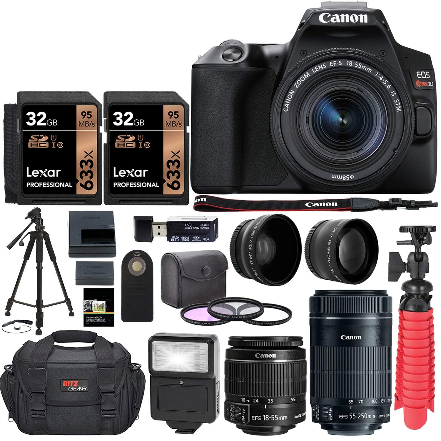 Canon EOS SL3 DSLR Camera with EF 55-250mm, Two Lexar 633x 32GB SDHC Memory Cards, Tripods, Camera Bag, and Accessory Bundle