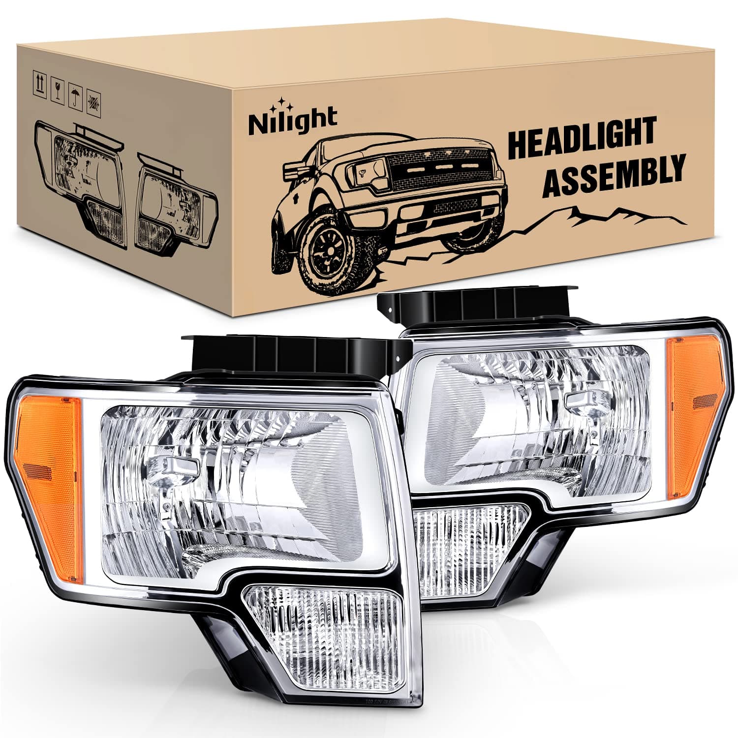Nilight 2009 2010 2011 2012 2013 2014 F150 Headlight Assembly Chrome Housing Amber Corner Clear Lens Headlamp Replacement Driver and Passenger Side 2 Pack, 2 Years Warranty
