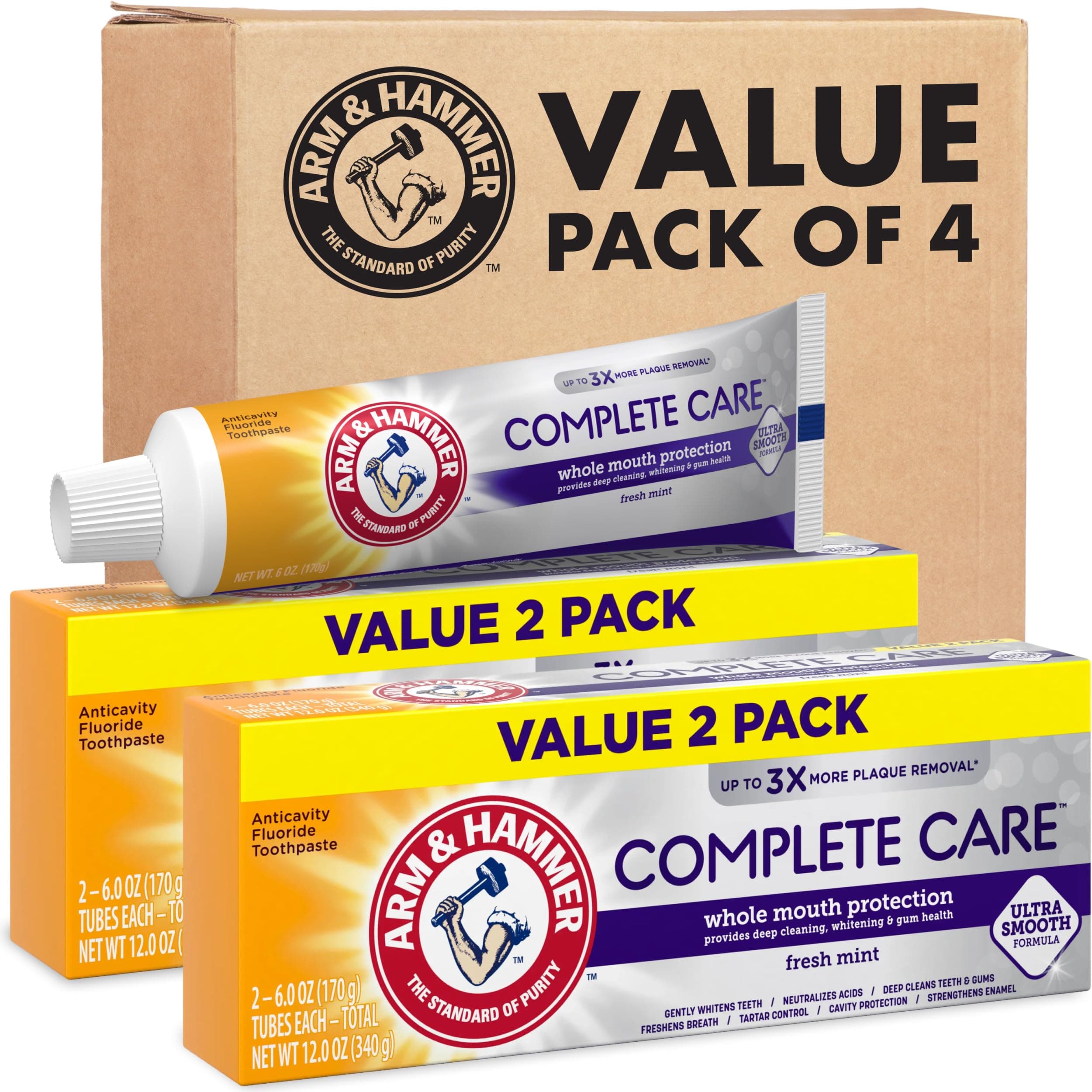 ARM & Hammer Complete Care Toothpaste, Teeth Whitening Toothpaste with Baking Soda, Fluoride, Whole Mouth Protection, Fresh Mint Flavor, 6.0 oz (Pack of 4)