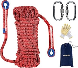 EMEKIAN 12mm Red Indoor Outdoor Climbing Rope, 30M(98ft) Static Rock Climbing Rope for Escape Rope, Ice Climbing Equipment, Fire Safety Rescue Rope, with Non-Slip Gloves
