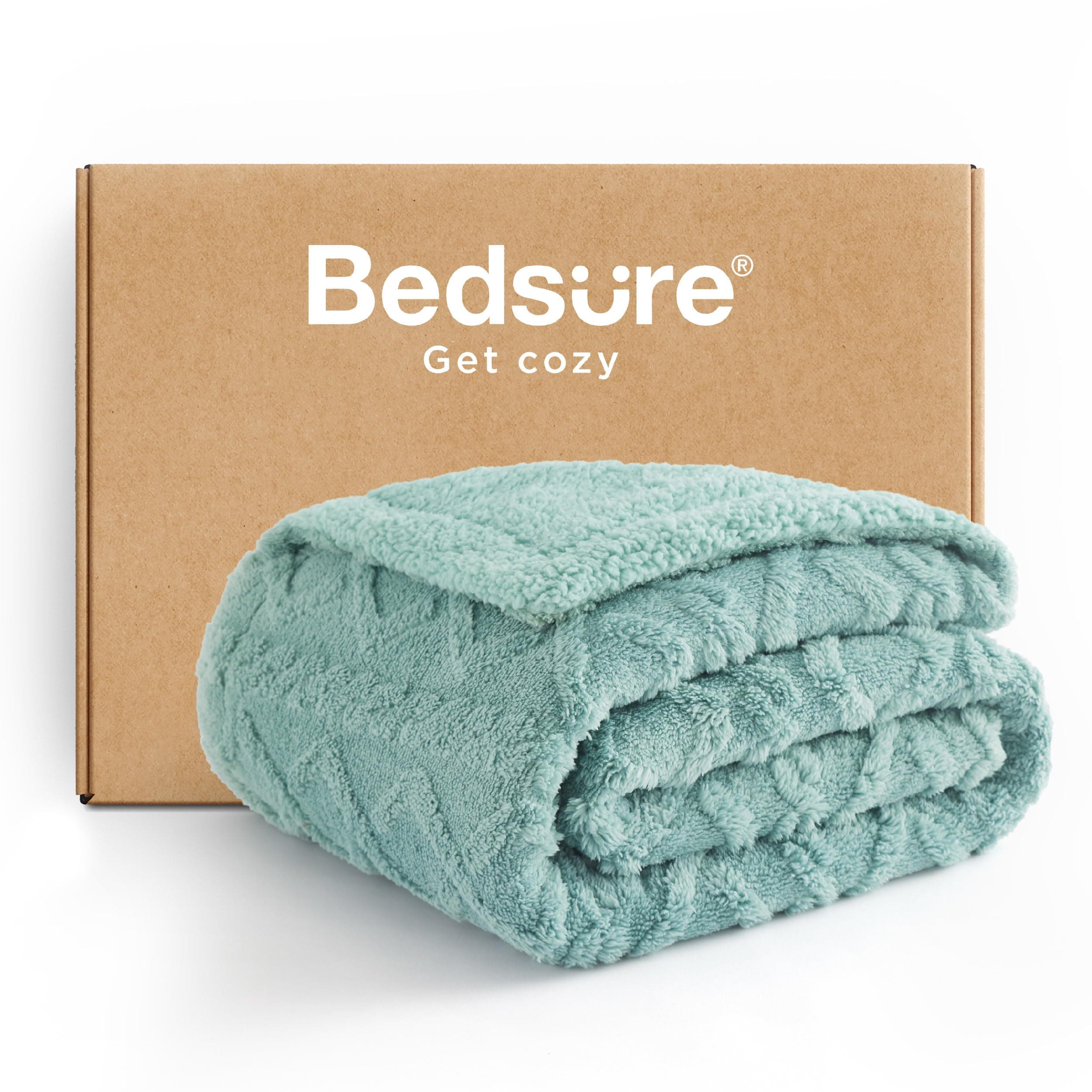 Bedsure Gentlesoft Sherpa Fleece Blanket Twin Size for Bed - Fluffy & Cozy Cable Jacquard Tufted for Women Gift, Thick and Warm Blankets for Winter, Sage Green, 60x80 Inches