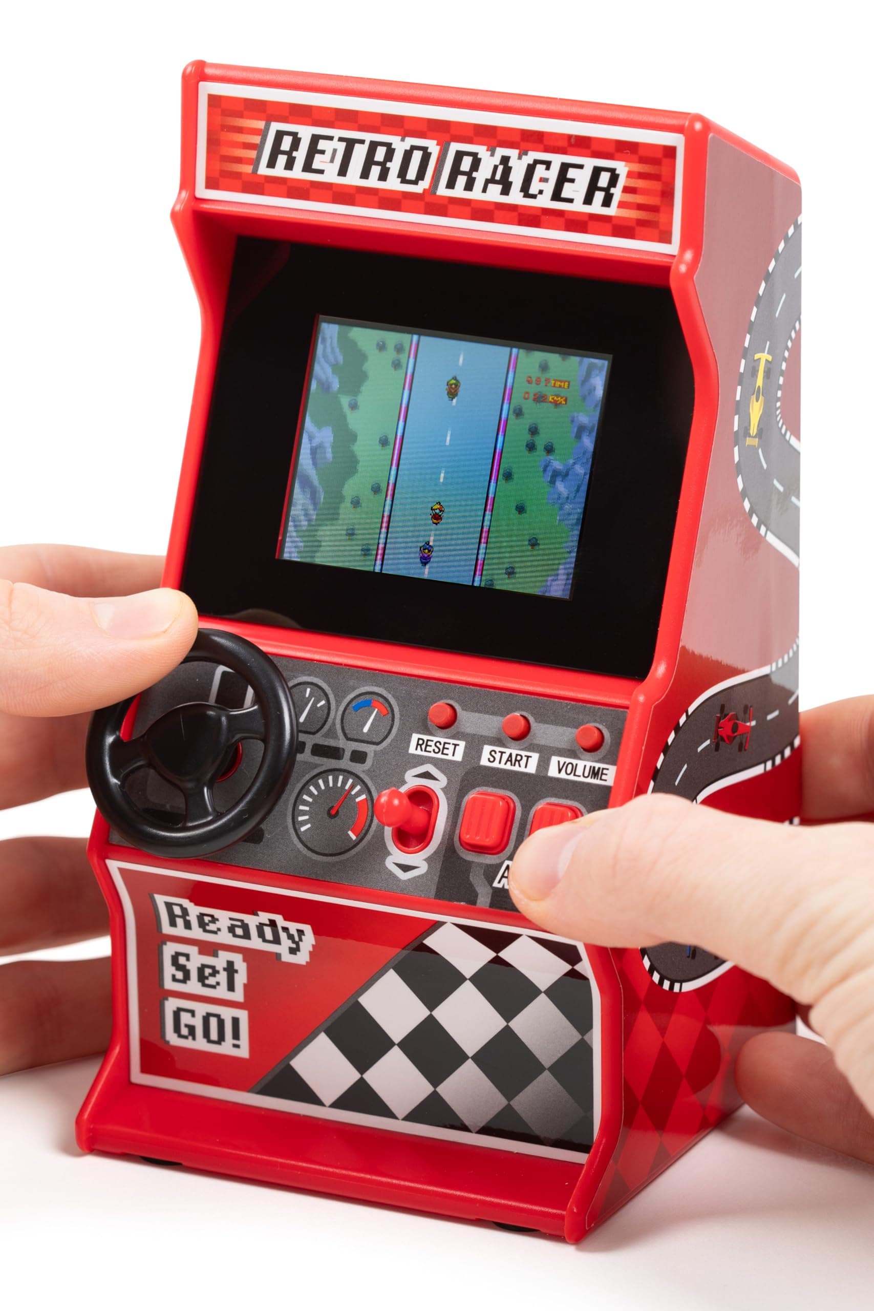 Mini Arcade Racing Machine, 30 In-Built 8-Bit Racing Games, Play Car, Bike, Boat & Skiing Games, 2.4â€ Full Colour Screen, Steering Wheel, Gear Stick, 2 Buttons, Volume Control - ThumbsUp!