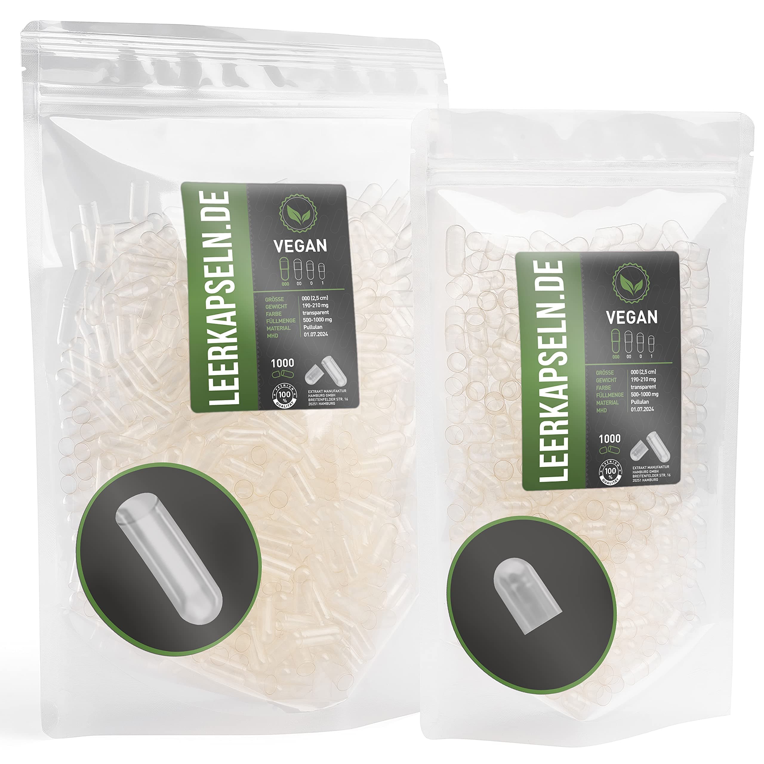 1000 Empty Capsules | Size 000 | PULLULAN caps | Separated Halves with Large Filling Quantity Transparent Vegan Vegetarian | Halal Kosher Supplements (1000)