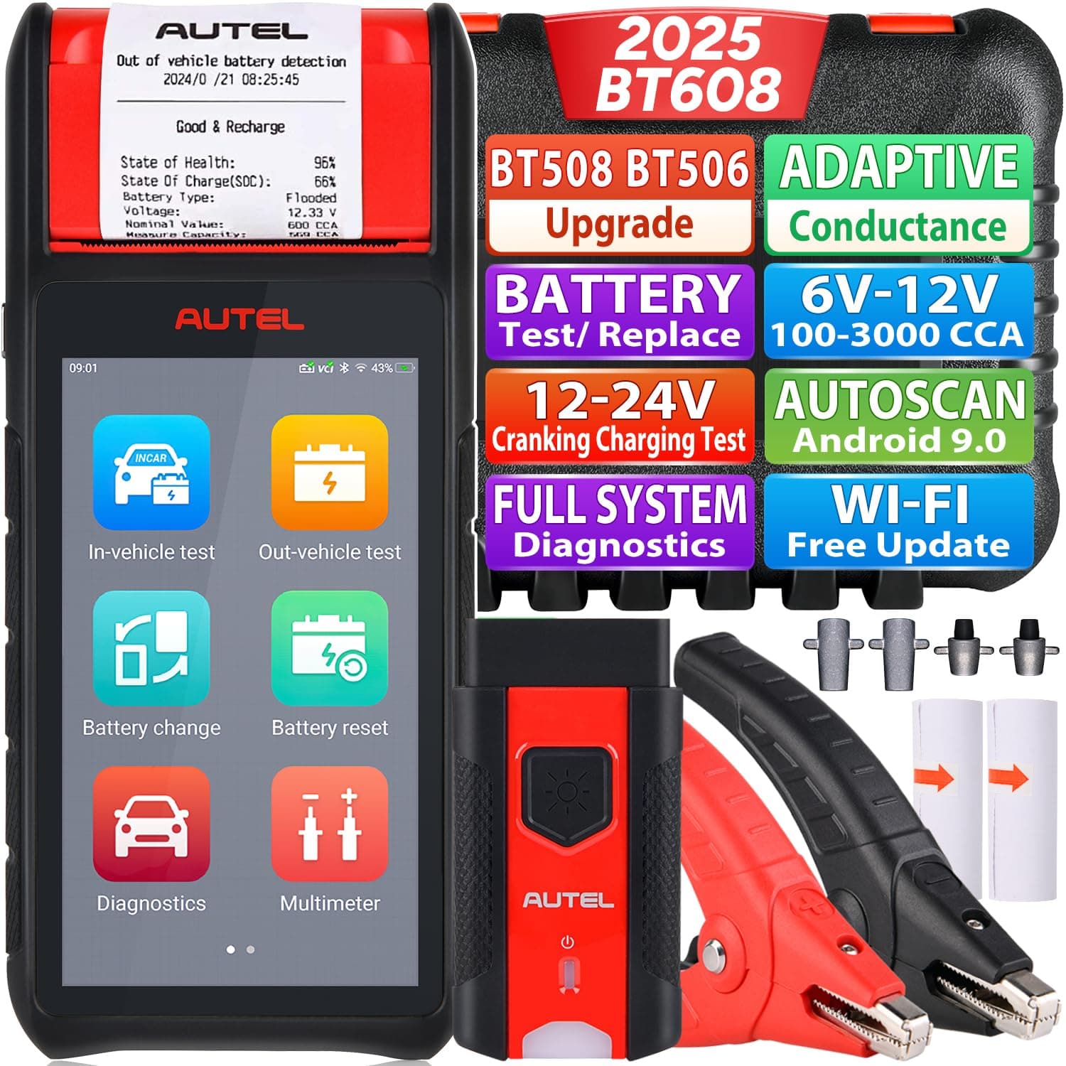 Autel Battery Tester MaxiBAS BT608 (E) 2025 Upgraded Version All System Diagnostics as BT508/ BT506 MK808S/MK808 Battery Registration Adaptive Conductance 100-3000CCA Battery Testing Cranking Analysis