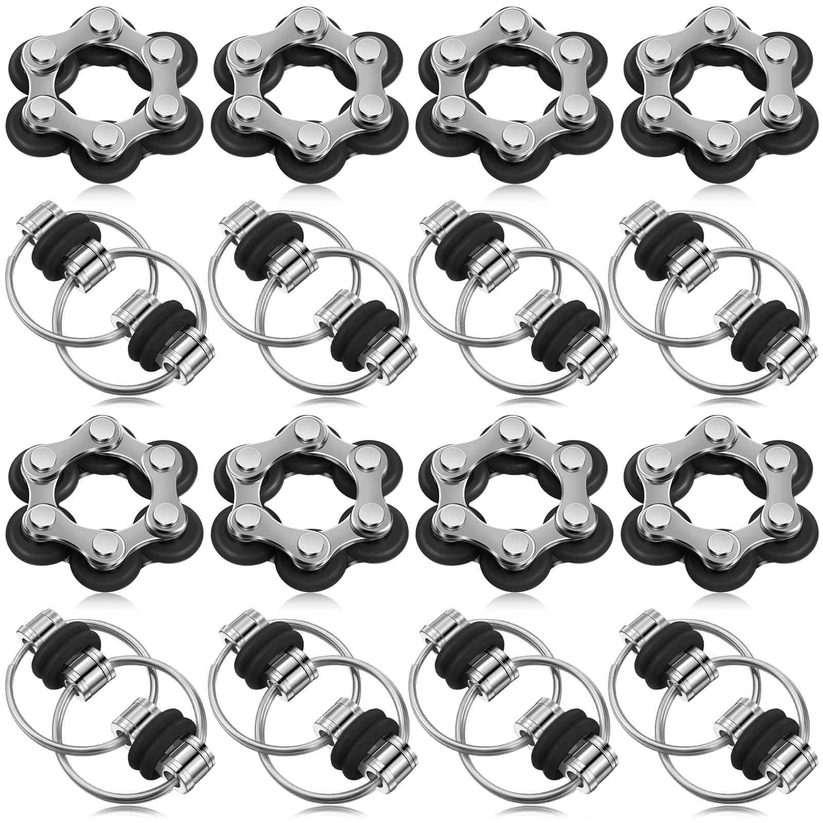 CHENGU16 Pcs Fidget Toys Set Include 8 Six Roller Chain and 8 Key Flippy Chain Stress Reducer Anxiety Relief Bike Toys for Teens Adults ADHD, Add, Autism (Black)