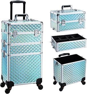 3 in 1 Rolling makeup case Cosmetology Case on Wheels Train Case Makeup Organizers Storage Cart Cosmetic Trolley Travel Barber Suitcase for Make up Artist Nail Tech Hair Lockable, Shiny Mint