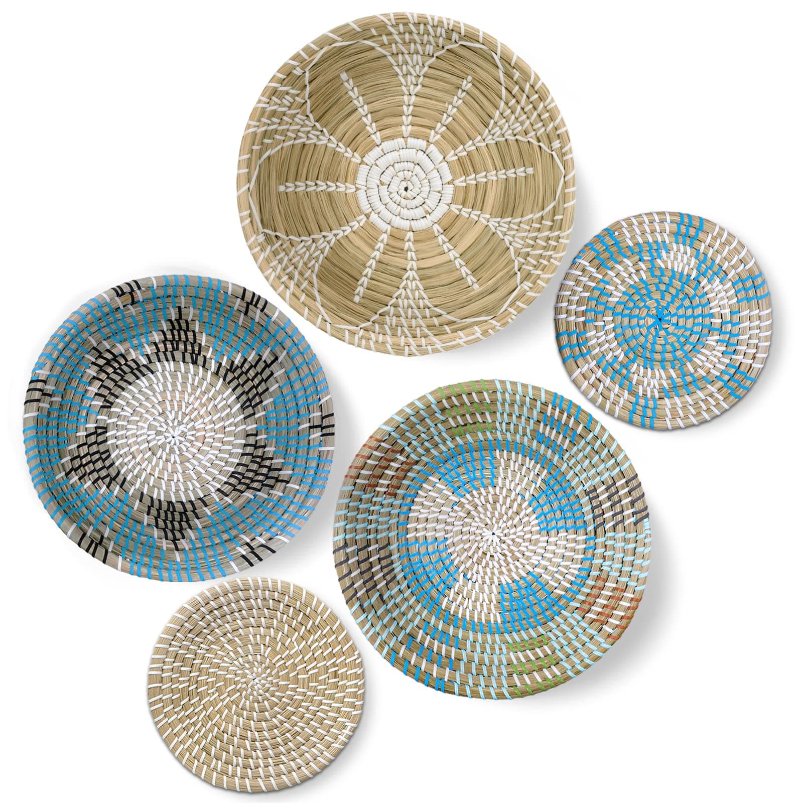 COYACOOL Hanging Woven Wall Basket Decor, Boho Wicker Wall Baskets Decor Flat set of 5, Boho Art Round Seagrass Decorations for Kitchen 7.8” to 13.4”