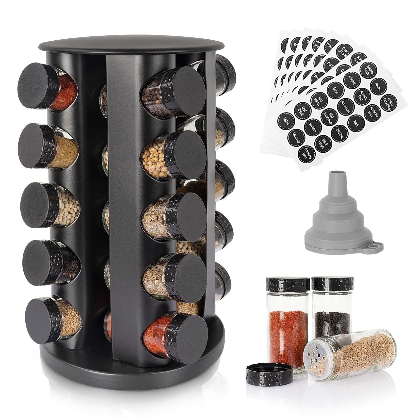 Black Countertop Rotating Spice Rack, Round Empty 20-Jars Revolving Spice Rack Organizer, 135 Spice Labels with Funnel Complete Set, for Kitchen Countertop, Cabinet