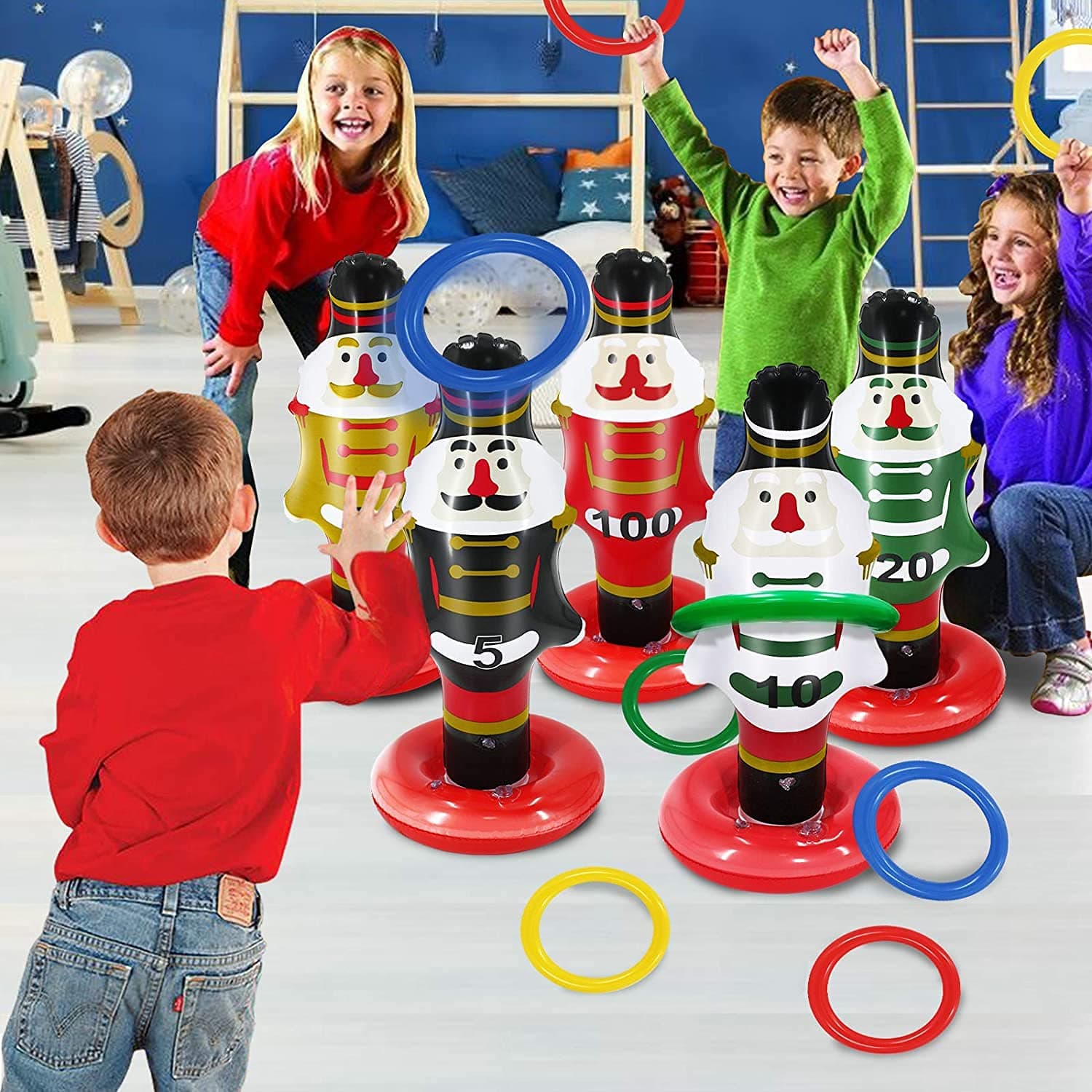 3 Pack Large Christmas Nutcrackers Inflatable Ring Toss Games Christmas Party Games Toys for Kids Families Xmas Party Supplies Favors Decoration Indoor Outdoor Yard Games (3 Scoreboards, 6 Rings)