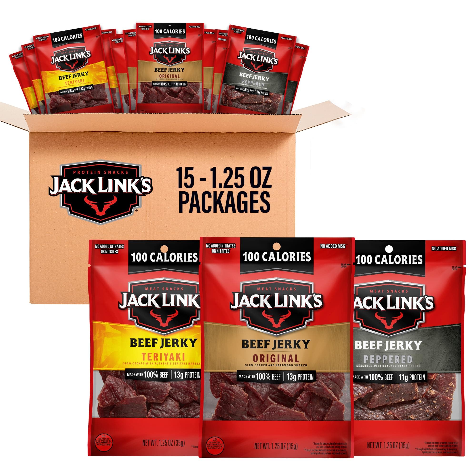Beef Jerky Variety Pack Great for Easter Basket Stuffers - Includes Original, Teriyaki, and Peppered Beef Jerky - 96% Fat Free, No Added MSG-1.25oz (Pack of 15)
