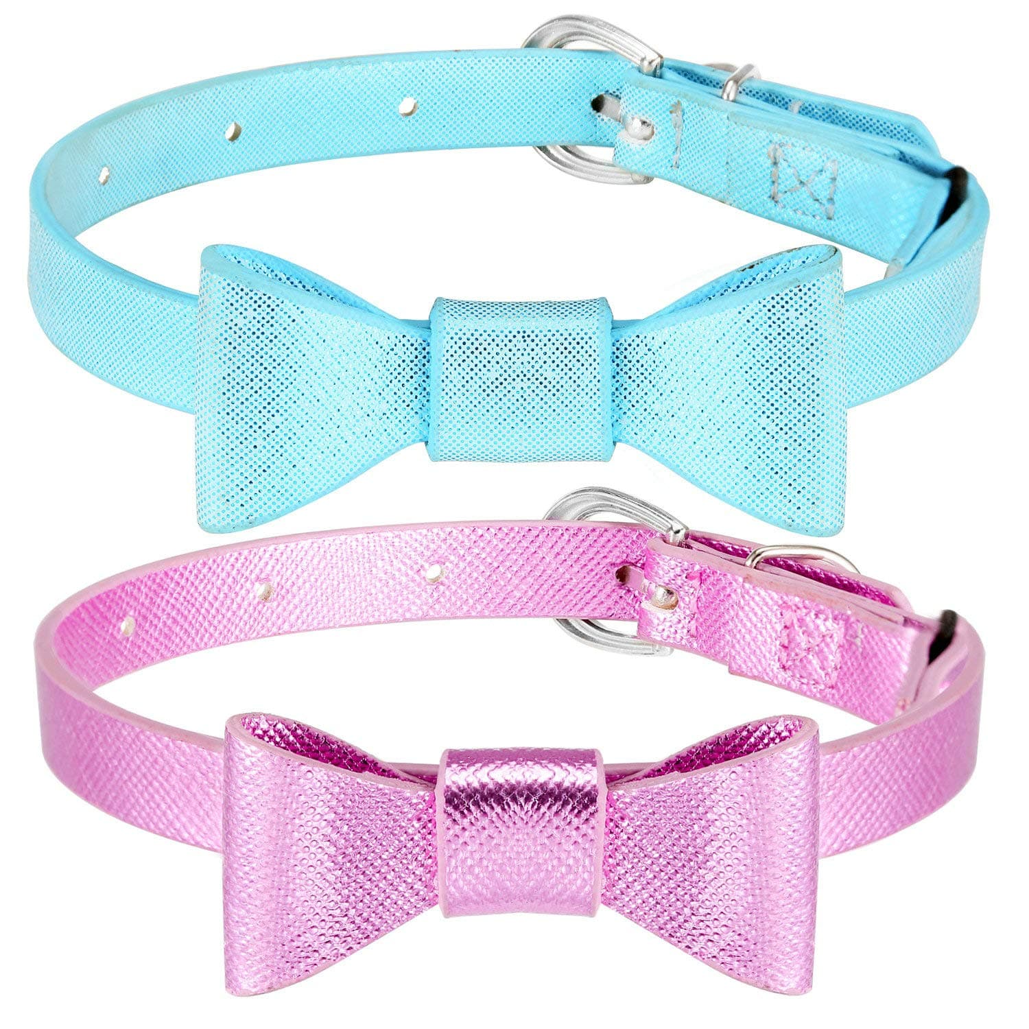 Cat Collars Adjustable Length Leather Safety Cat Collar with Elastic Belt and 7-10Inch (Pink&Blue, Solid)
