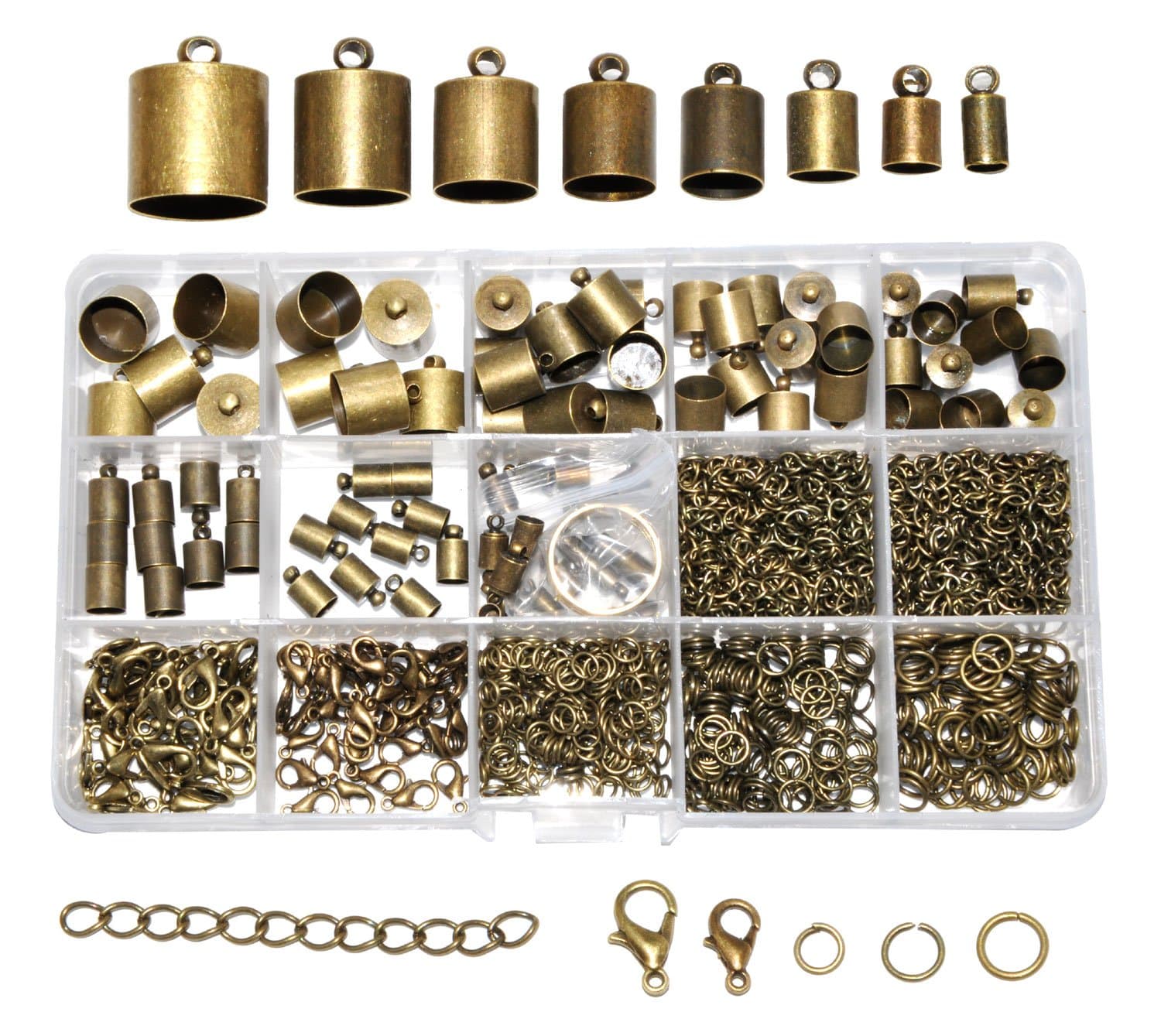 Cord End Cap for Jewelry Making, Kumihimo End Cap Finding Kit for Leather, Tassels; Antique Brass Assorted Sizes 840 PCs by Mandala Crafts