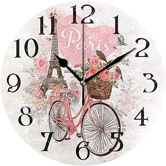 ALAZA Modern Wall Clock Non-Ticking Kitchen Clock Paris Eiffel Tower Bicycle Decorative Round Clocks 9.5 in Battery Operated Quartz Analog Desk Clock Living Room Bathroom Garden Home Decor