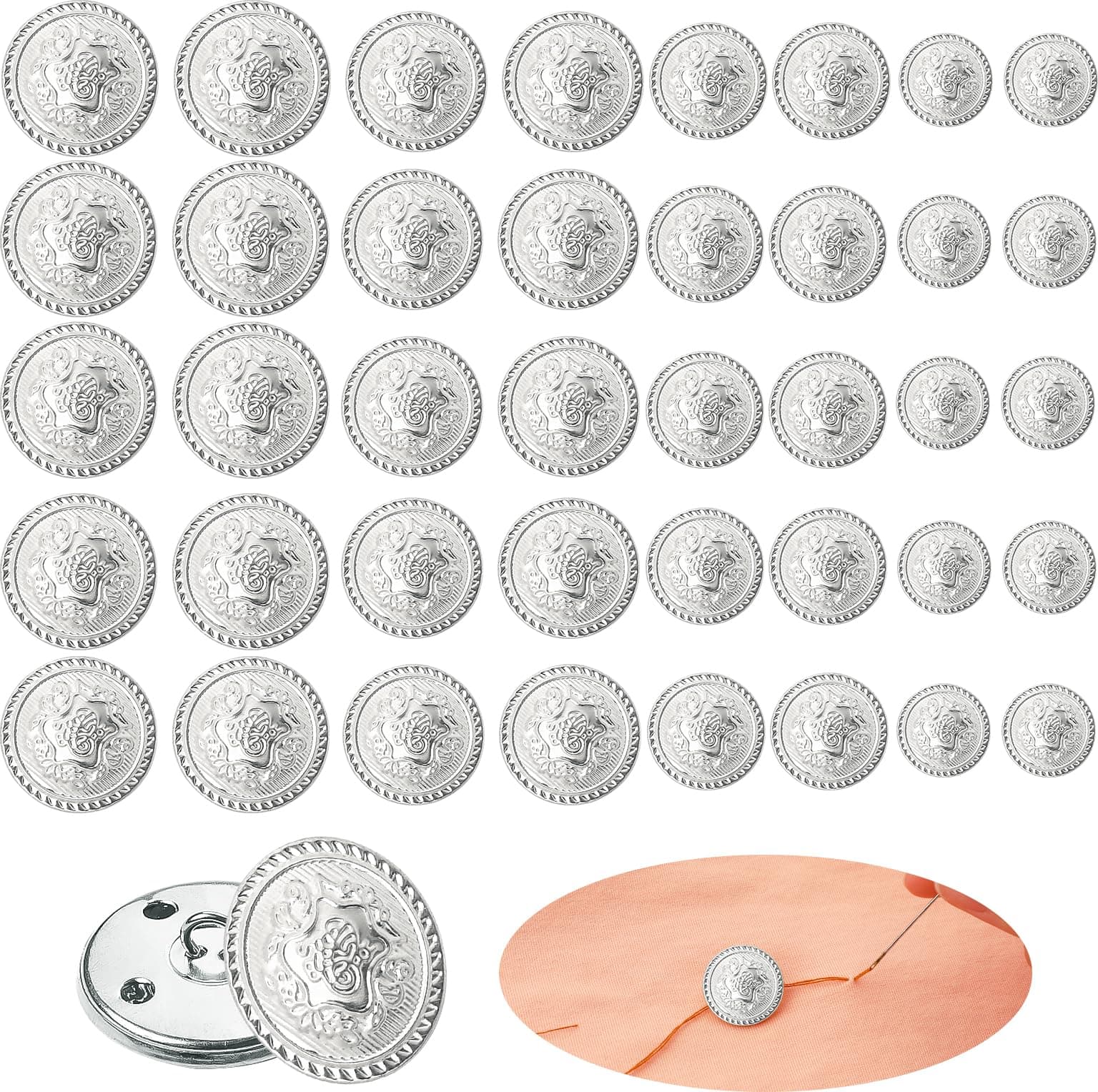 40 Pieces Metal Blazer Button Set Light Silver Buttons Brass Buttons Sewing Buttons for Blazer Suits Coat Uniform Jacket(15mm 18mm 20mm 25mm)