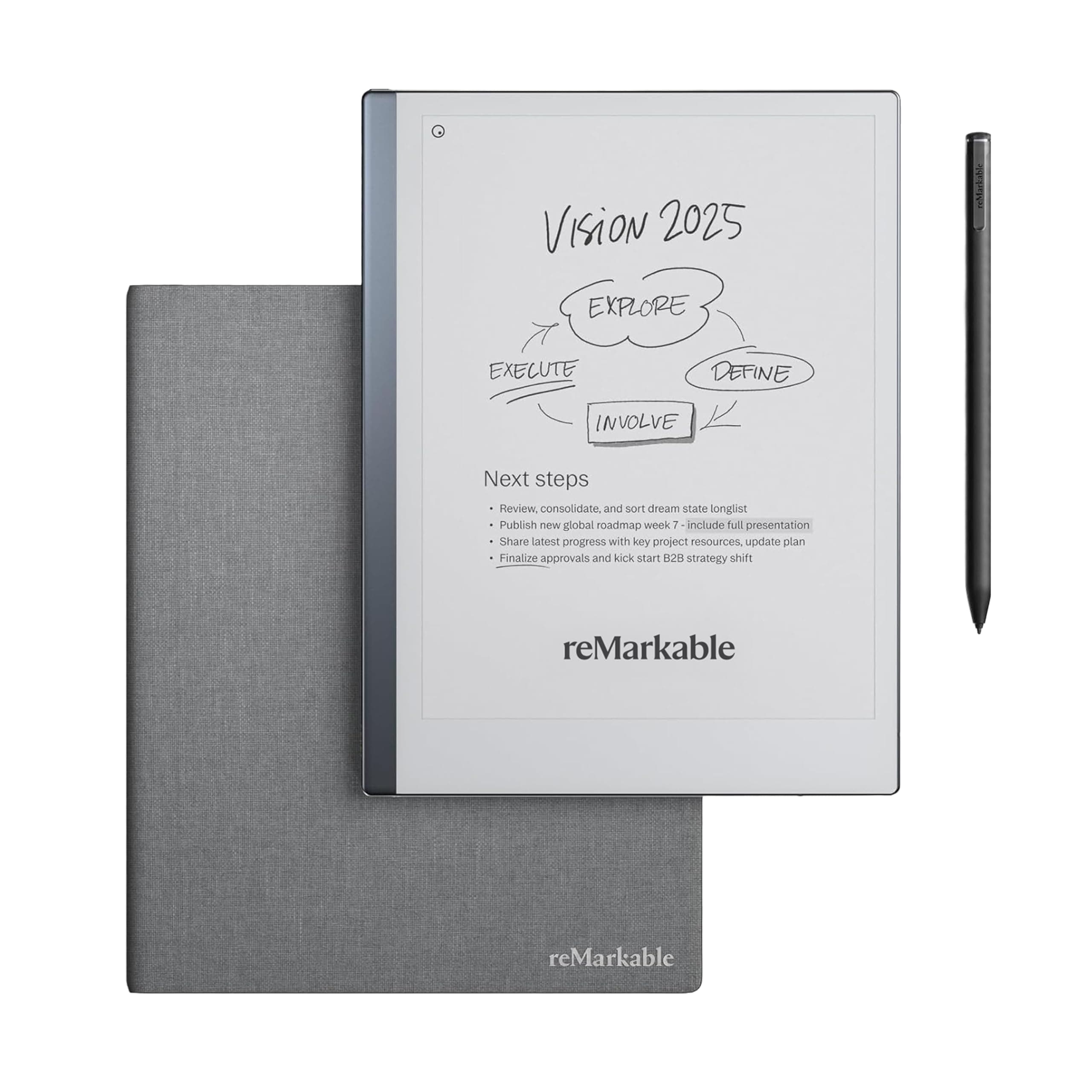 reMarkable Essentials Bundle – Mosaic Weave Folio | reMarkable 2 Paper Tablet | Black and White 10.3” Writing Tablet, Marker Plus Pen with Built-in Eraser and Book Folio Cover in Grey Weave