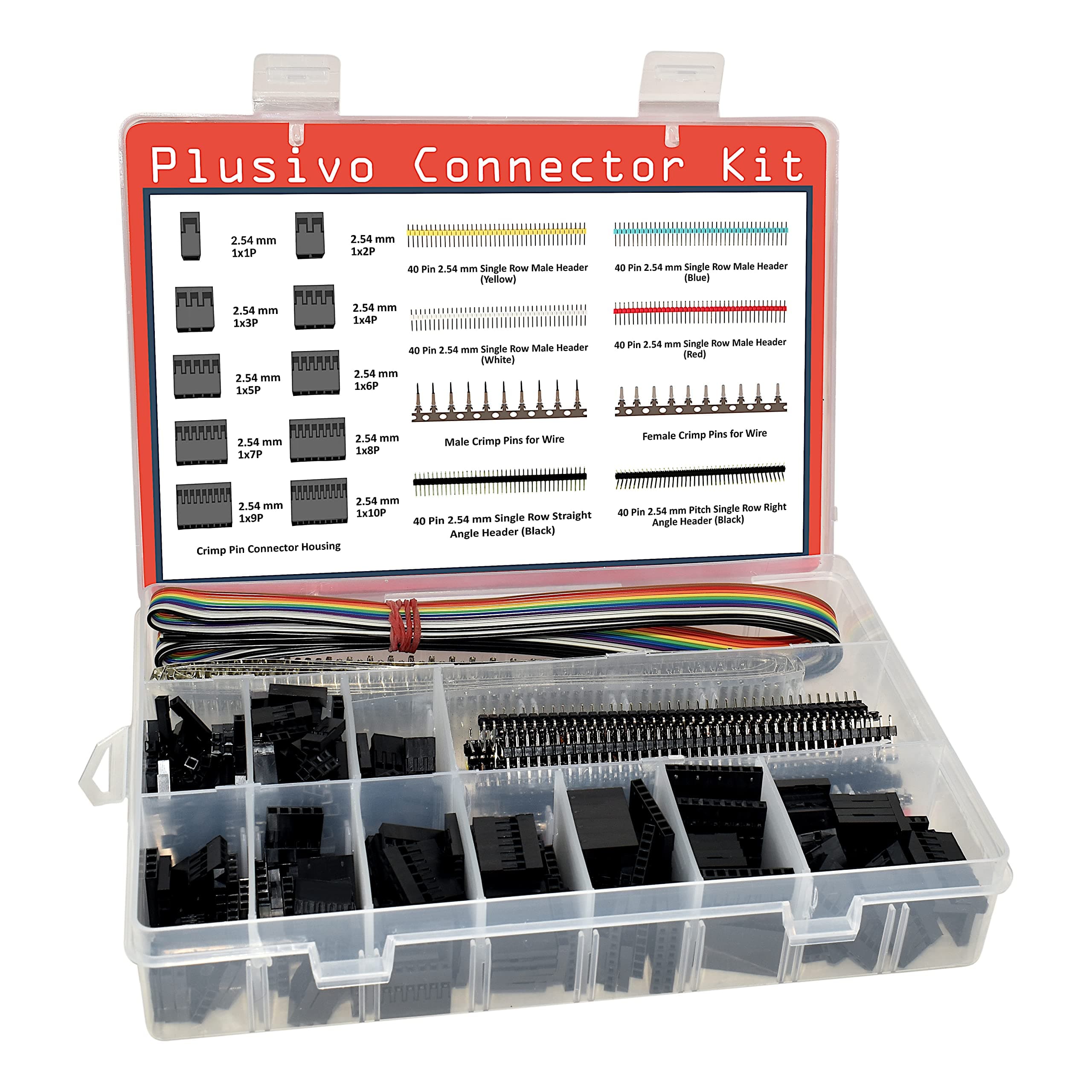 Connector Kit - 1004pcs Crimp Connector Kit with 2.54 mm Crimp Pin Connector Housings, Single Row Male Headers, Male/Female Crimp Pins and Ribbon Cable from Plusivo