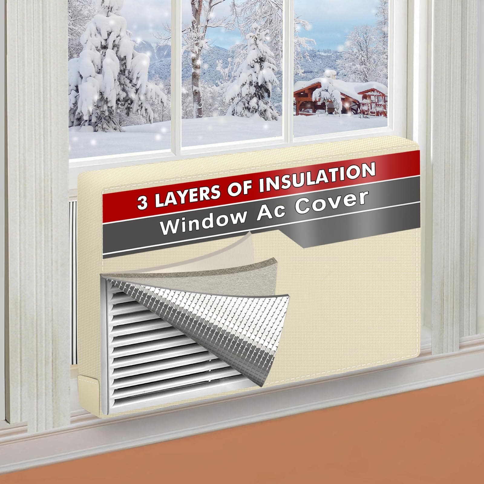 AC Covers for Inside 25"W x 17"H x 3.5"D, Windproof and Waterproof 3 Layers Insulation Air Conditioner Covers for Window Units with Aluminum Foil and 2mm Foam, Beige