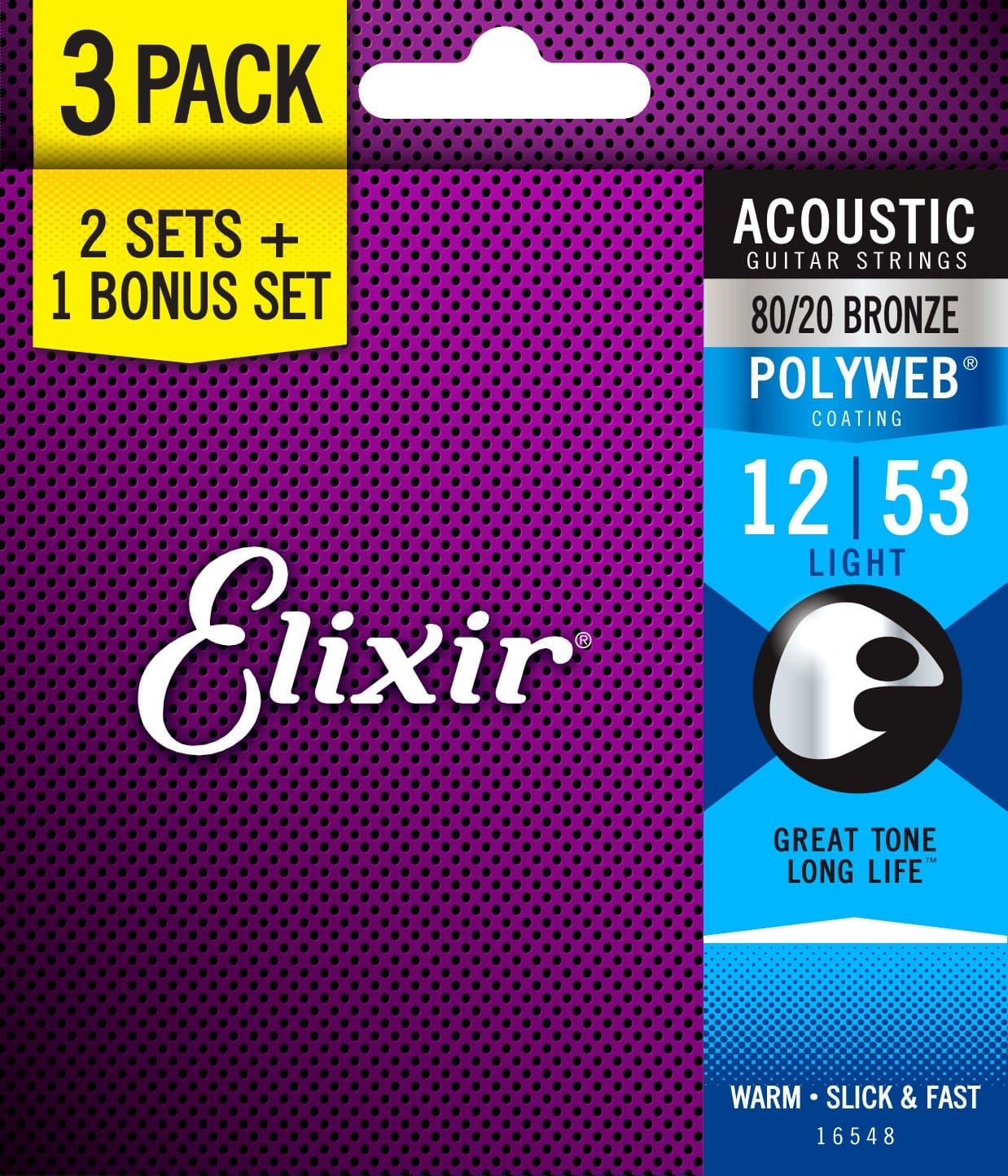 Elixir Strings 3 for 2 Sale 80/20 Bronze Acoustic Guitar Strings w POLYWEB Coating, Light (.012.053) (16548)