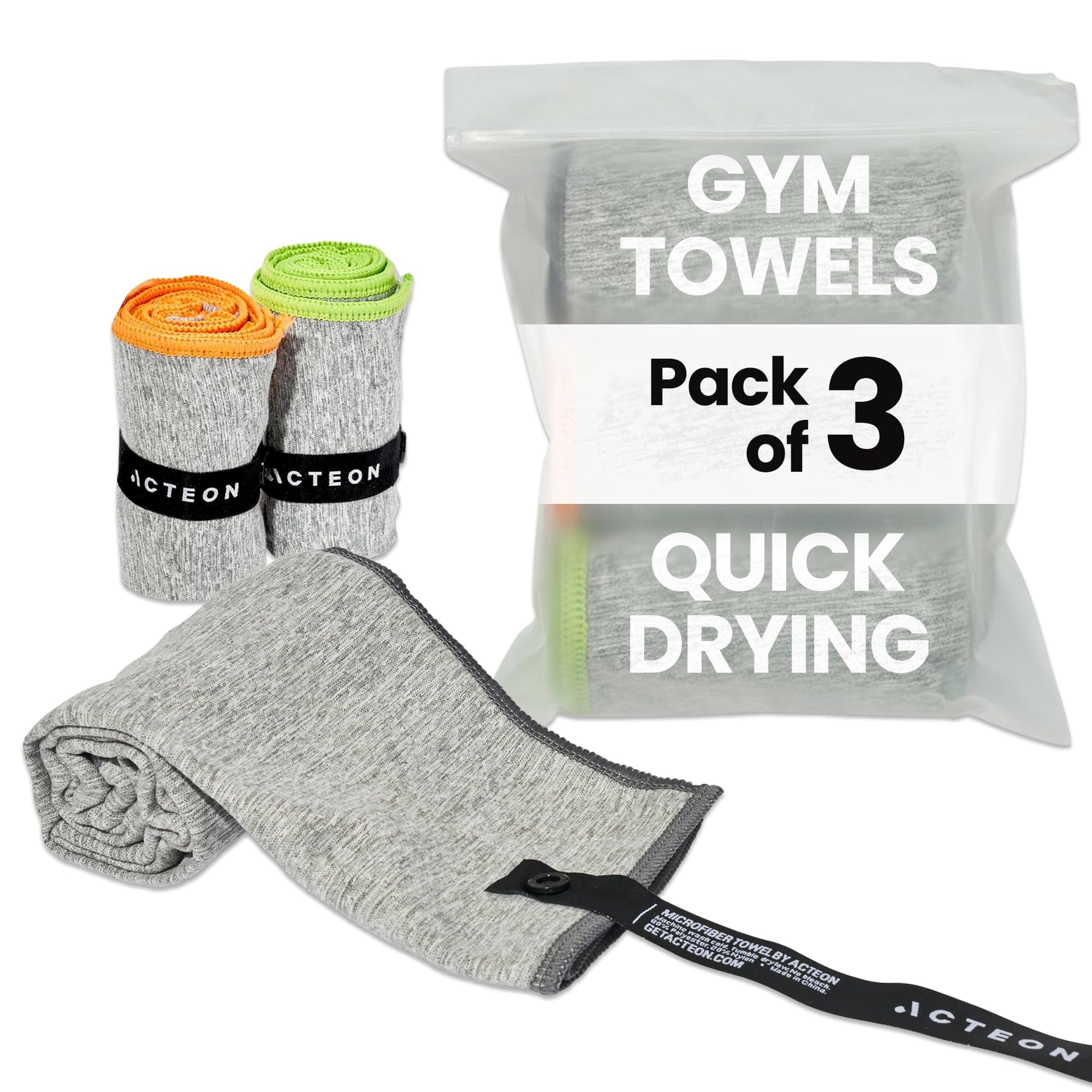 Acteon Microfiber Quick Dry Gym Towel, Silver ION Odor-Free Mega Absorbent Fiber Fast Drying Men Women Workout Gear for Body Sweat, Camping, Working Out Travel Towels – 3 Pack, 30x16, Heather Grey