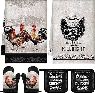 Bencailor 6 Pcs Spring Kitchen Decor Sunflower Pot Holders and Oven Mitts Sets Yellow Kitchen Towel 2 Farmhouse Cooking Mittens for Cooking Grilling Supply Accessories(Black, Gray,Rooster)