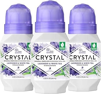 CRYSTAL Deodorant Aluminum Free Mineral Deodorant Roll-On for Women & Men, Lavender & White Tea - Paraben Free - Certified Cruelty Free & Vegan Deodorant - Prevents Odor Up to 24 Hours ,2.25 Fl Oz (Pack of 3),21661-3