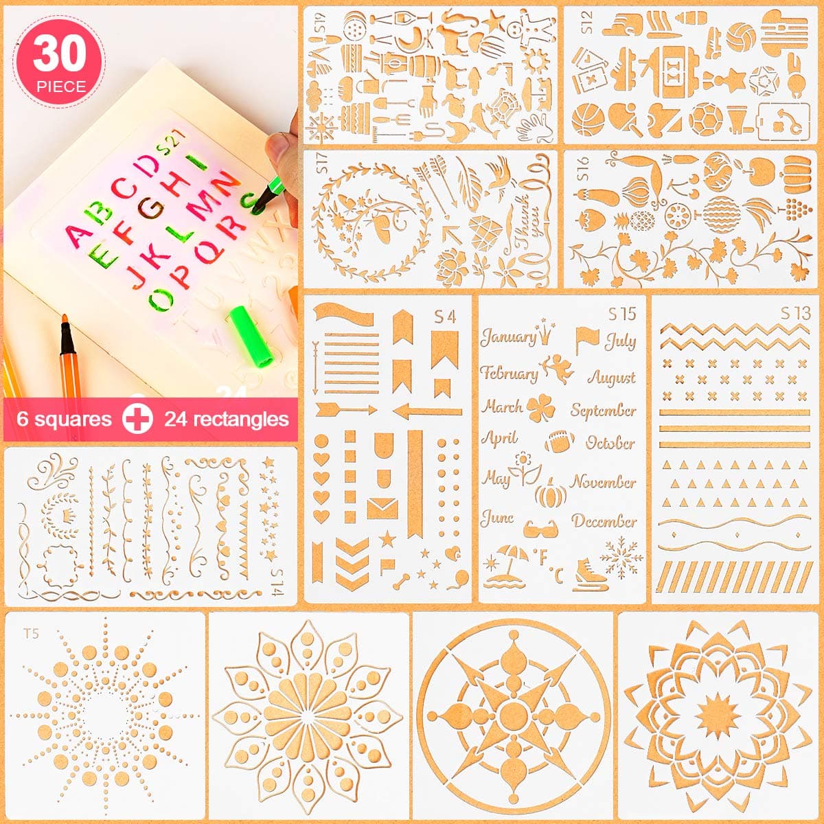 5ARTH Journal Stencils Set - 30 Pcs Bullet Stencils for A5 Notebook, Letter Stencils, Number Stencils, Mandala Stencils and More DIY Drawing Templates for Kids Women