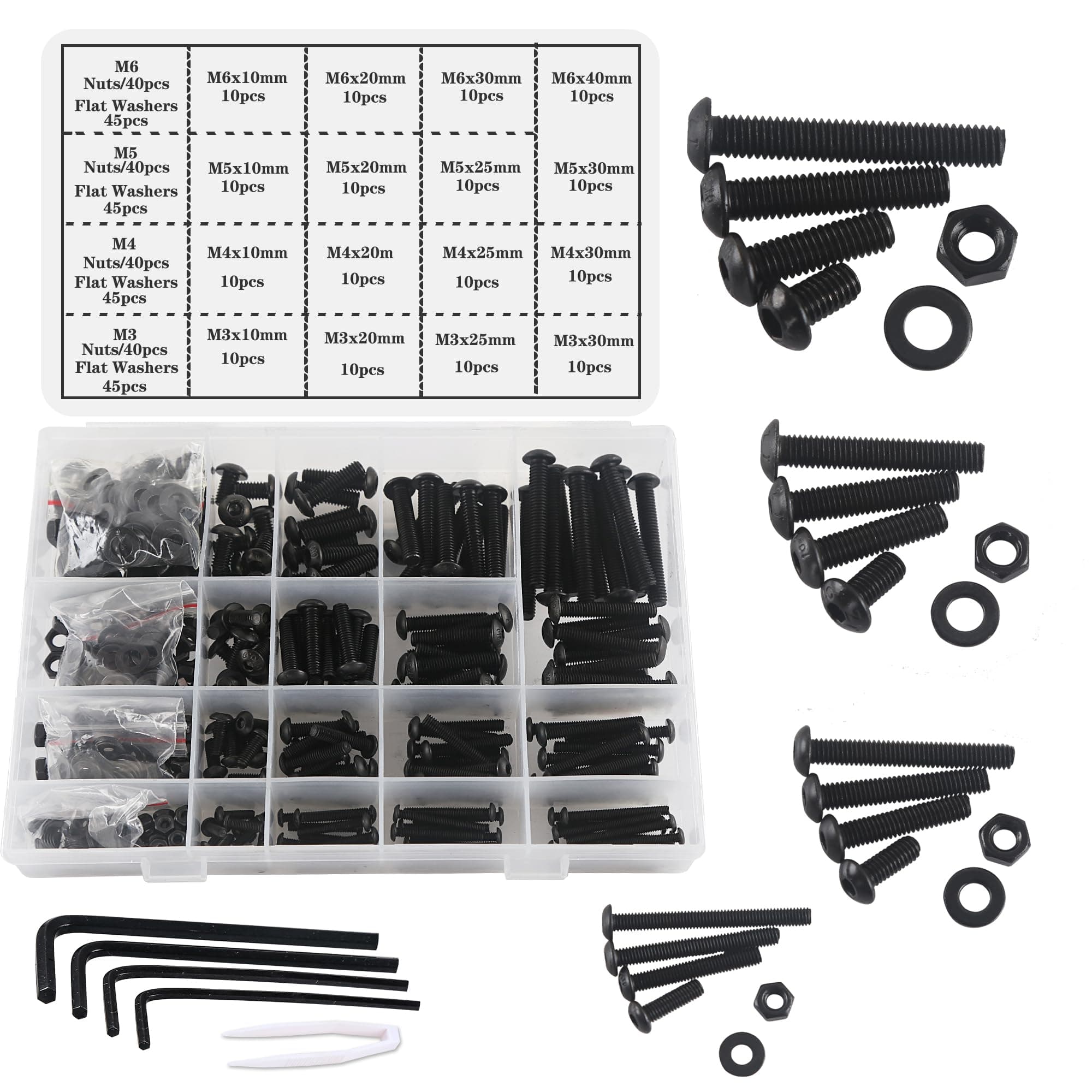 Nuts and Bolts Washers Assorted Set,M3 M4 M5 M6 Black Button Head Screws Bolts and Nuts Kit 500pcs, Thread Machine Hex Bolt Set Fastener Repair Tools Assortment Kit with 4 Wrench
