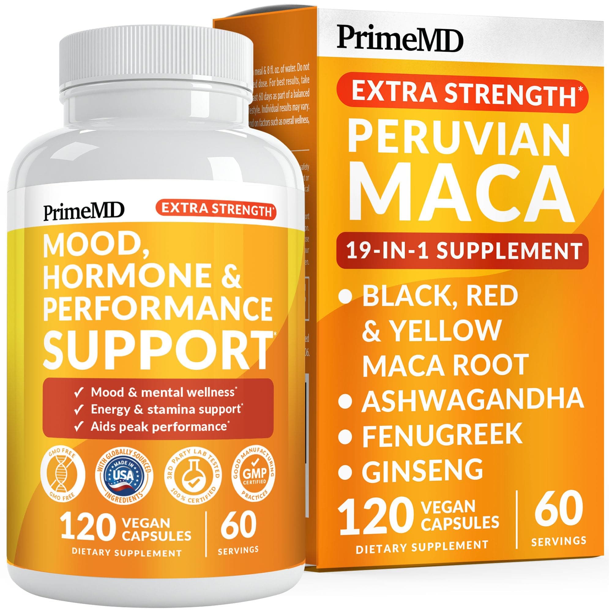 19-in-1 Extra Strength Peruvian Maca Root Capsules - 9125 mg Ashwagandha Supplements with Fenugreek and Ginseng for Mood, Hormone and Performance Support (120 ct)