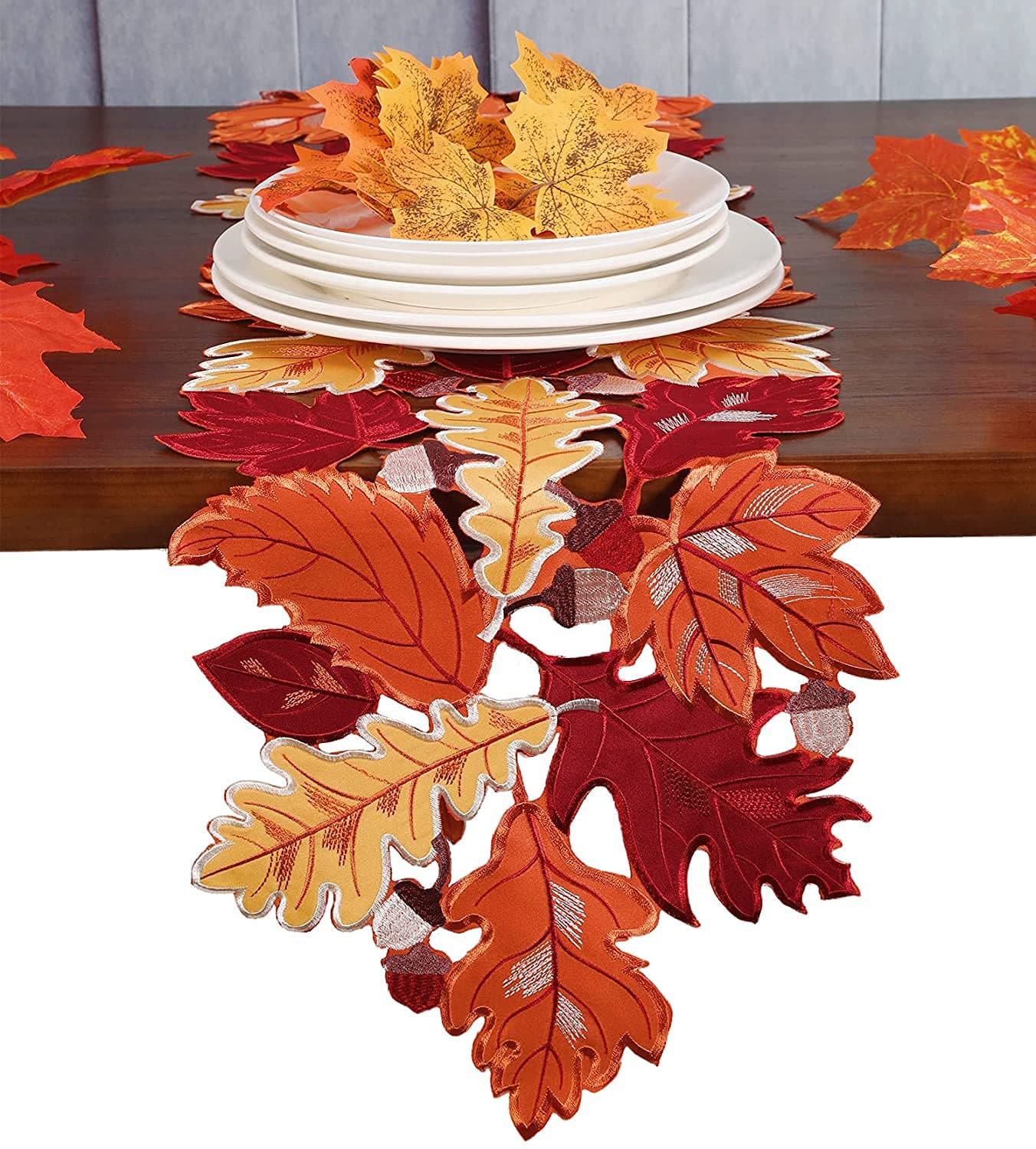 Fall Harvest Table Runner 13"x54", Cutwork Applique Embroidered Maple Leaves Dresser Scarf for Home Dining Holiday Autumn Halloween Thanksgiving Tabletop Decoration