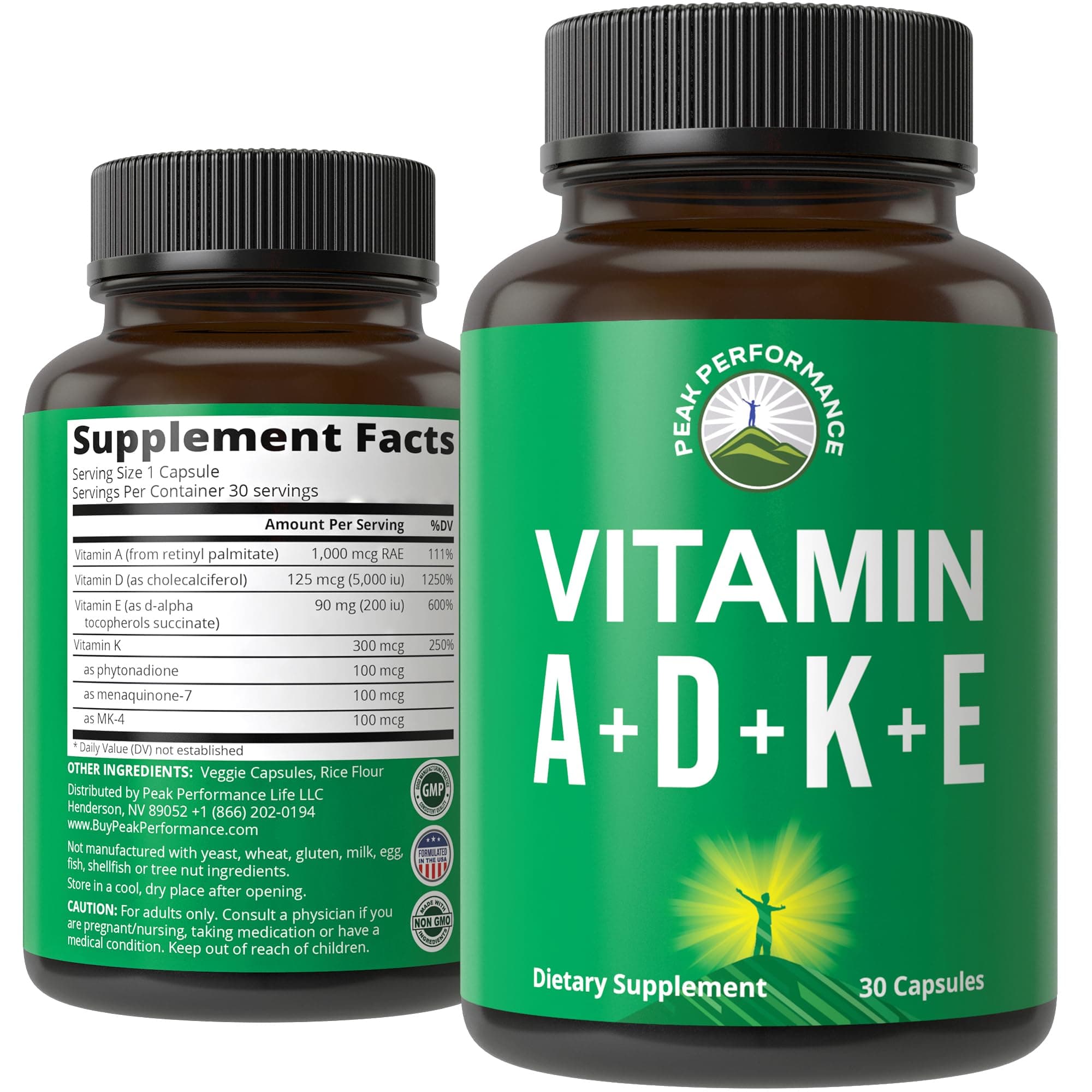Peak Performance Vitamins D 5,000 iu + A + K + E All in 1 Easy to Swallow Vegan Capsule. ADK Vitamin Supplement with E D3 K2. Essential Vitamins for Mood, Immune, Bone, Vision, Heart