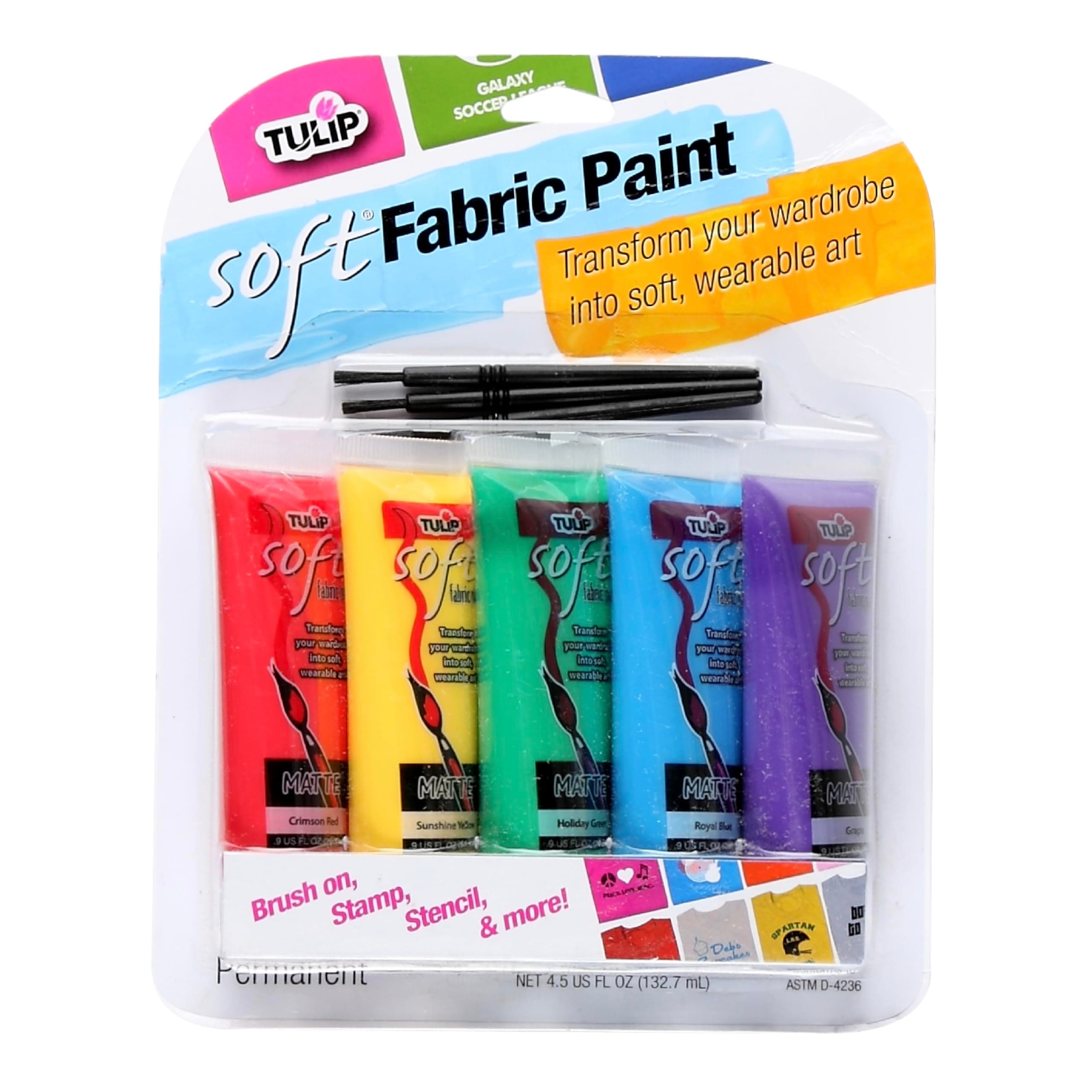 Tulip Soft Fabric Paint, Permanent on Clothes, Bold Primary Colors, 8 Pieces, 5 Paint Tubes .9 fl oz (4.5 fl oz), 3 Brushes