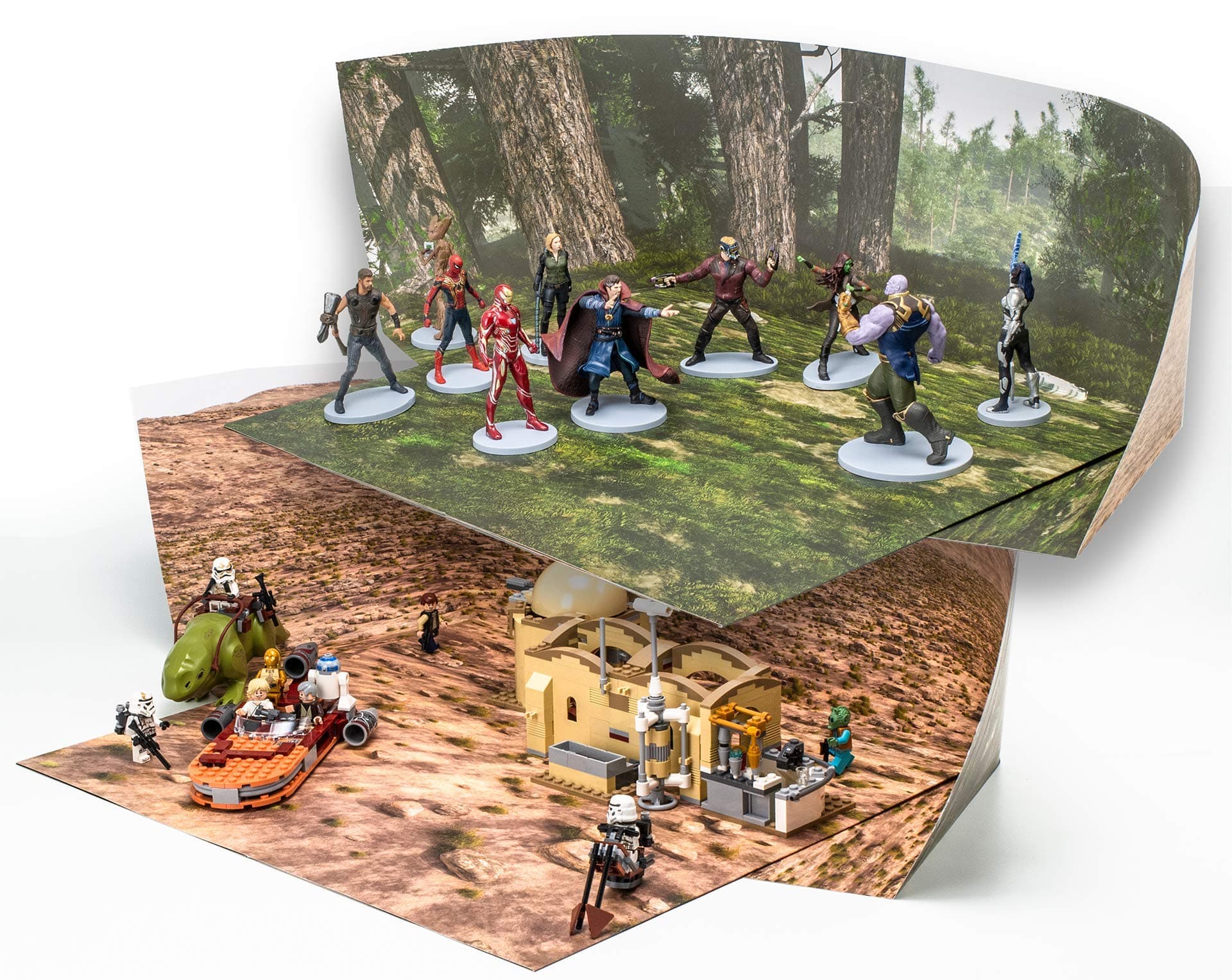 Pine Forest / Desert Backdrop Compatible with LEGO Action Figures Play; Double-sided Dioramas: Twice The Value For The Money; Great For Engaging Imagination, Make Stop-motion Movies; SINGLE Pack