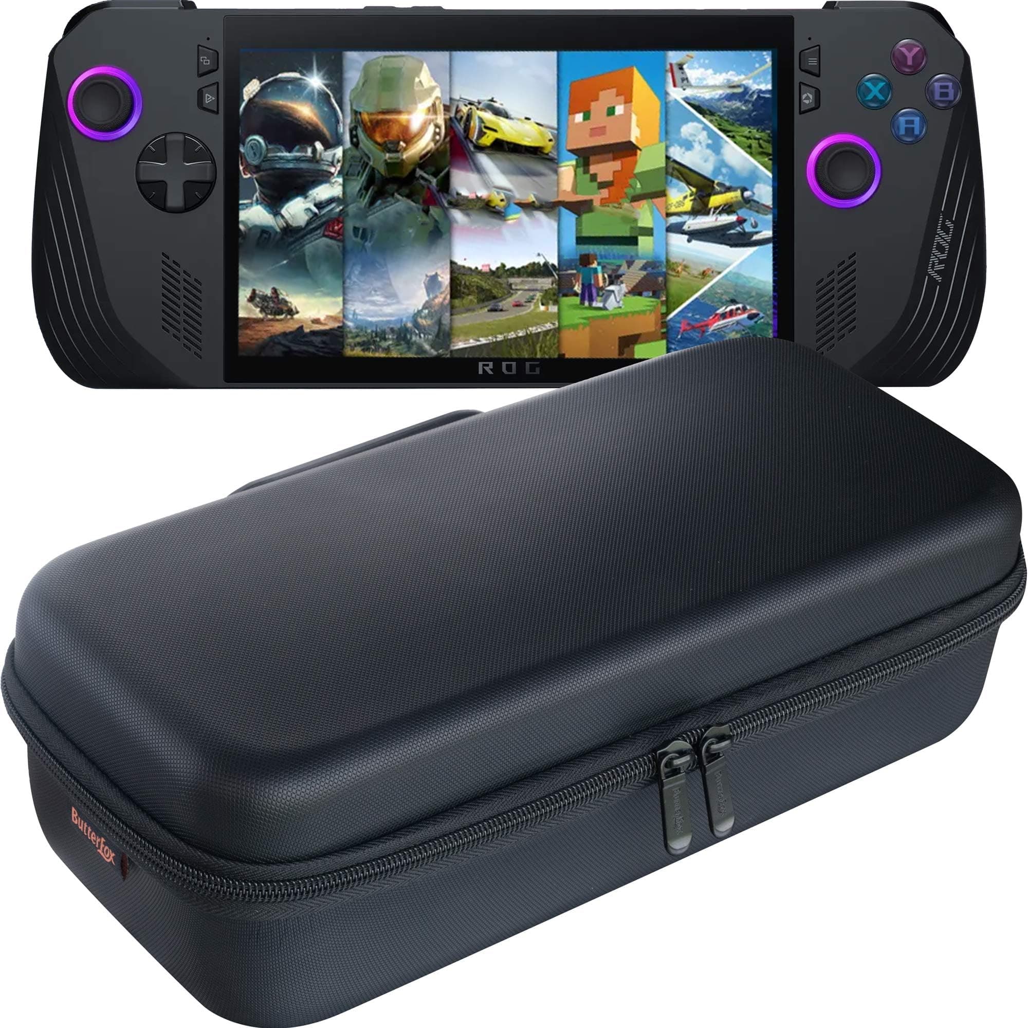 ButterFox Large Carry Case Bag for ASUS Rog Ally X with Built-in Stand, Fits Charger, Large Accessories Pocket for 65W Battery Bank, Slim Mouse and HDMI Cable - Black/Purple