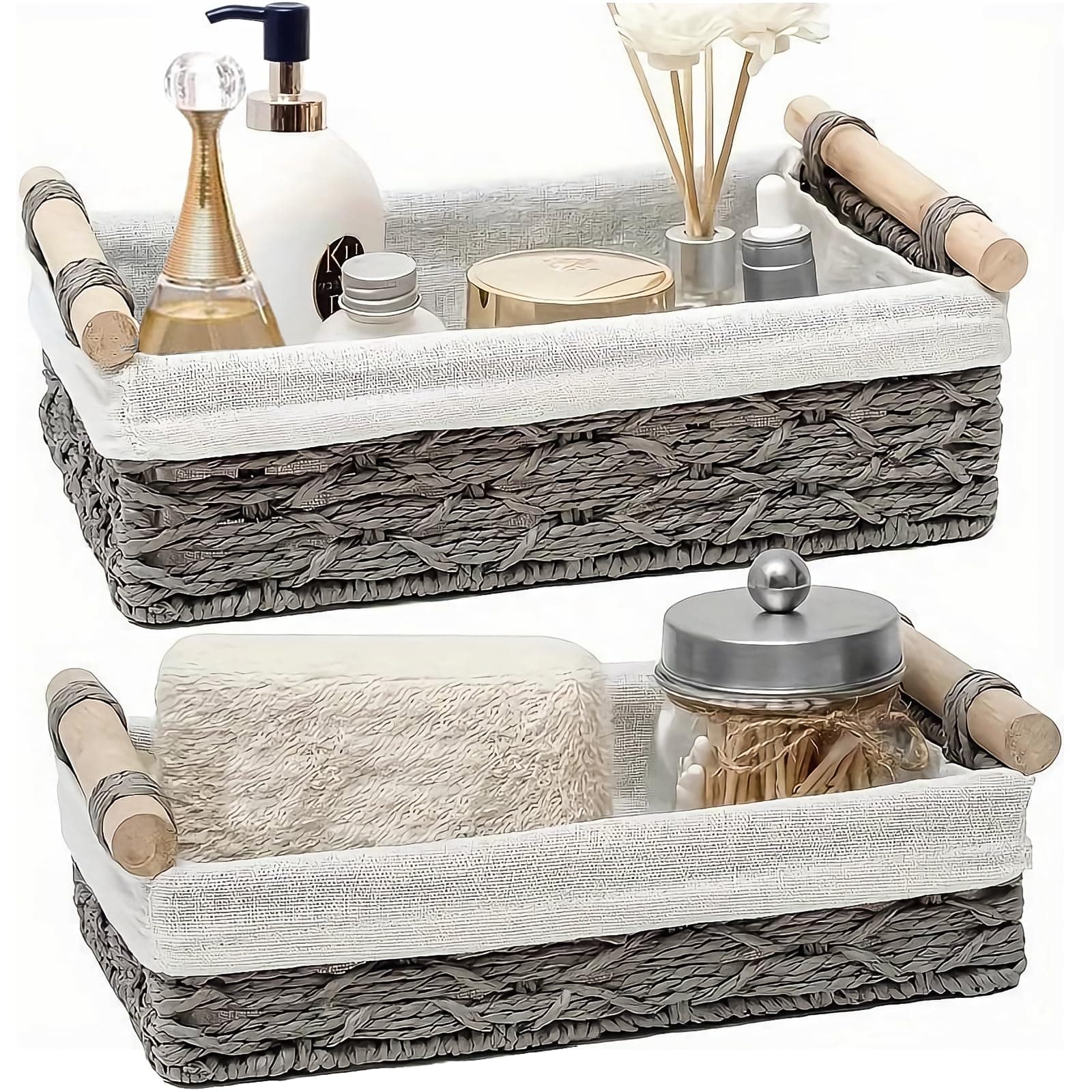 Westhood 2-Pack Rectangle Woven Home Storage Baskets with Washable Liner, Paper Rope Storage Baskets Straw Rattan Basket for Organizing with Handle, Cosmetic Storage Box (Grey)