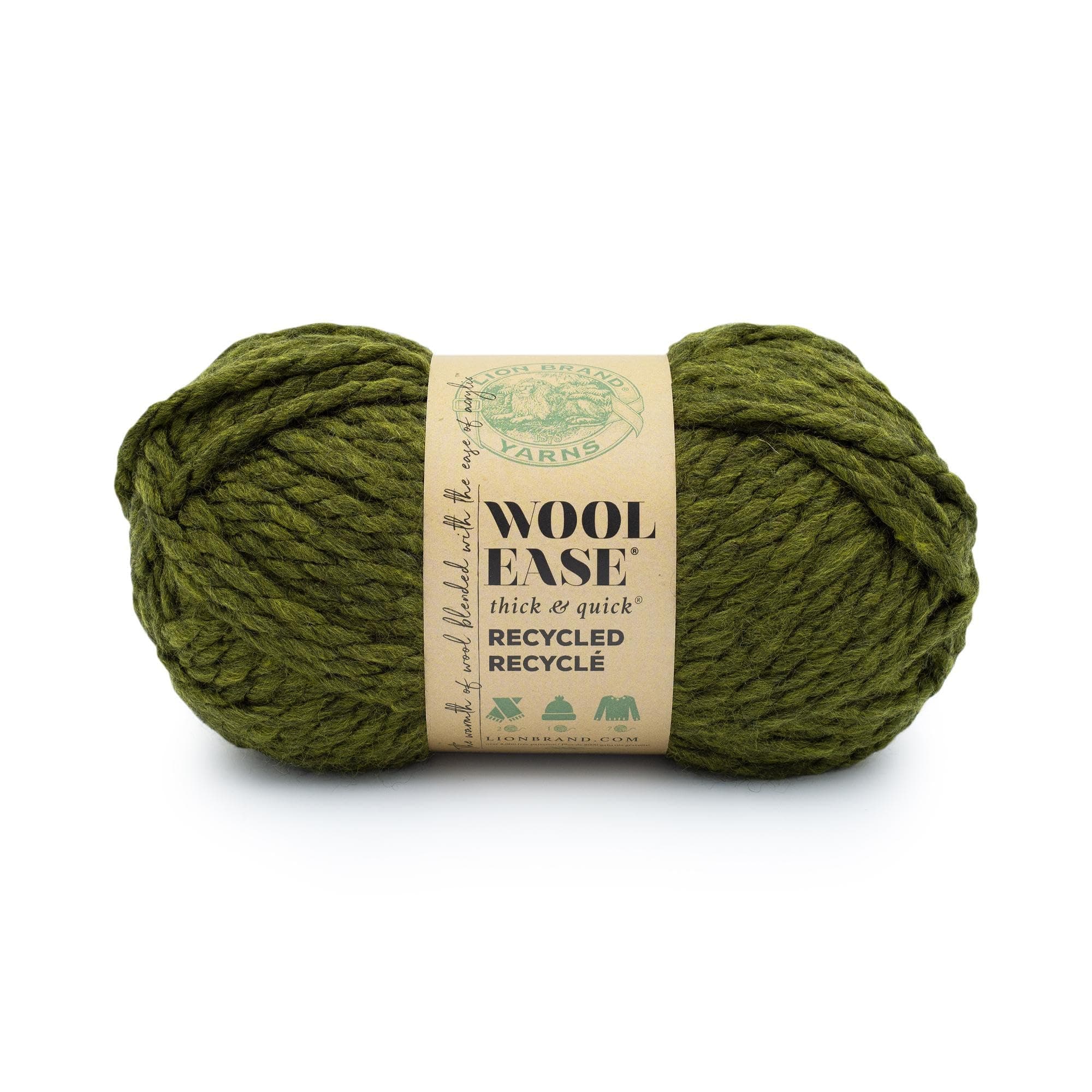 Lion Brand Yarn Wool-Ease Thick & Quick Recycled, Super Bulky Wool Blend Yarn for Knitting, Crochet, and Crafts, Olive, 1 Pack