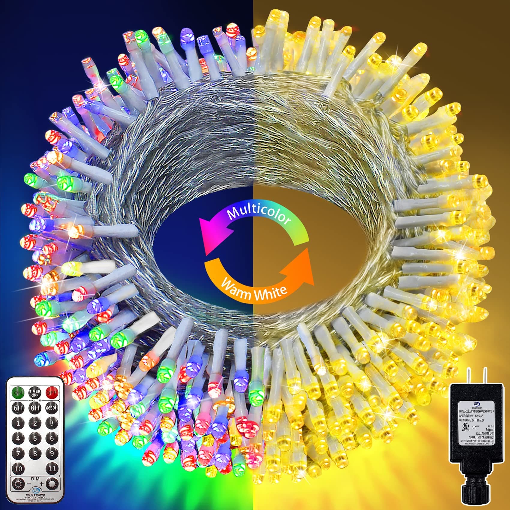 KNONEW 300 LED 99ft Christmas Lights Color Changing String Lights Outdoor, Clear Wire String Light 11 Modes with Remote for Xmas Tree Trunk Yard Porch Deck Wedding Party Warm White to Multicolor