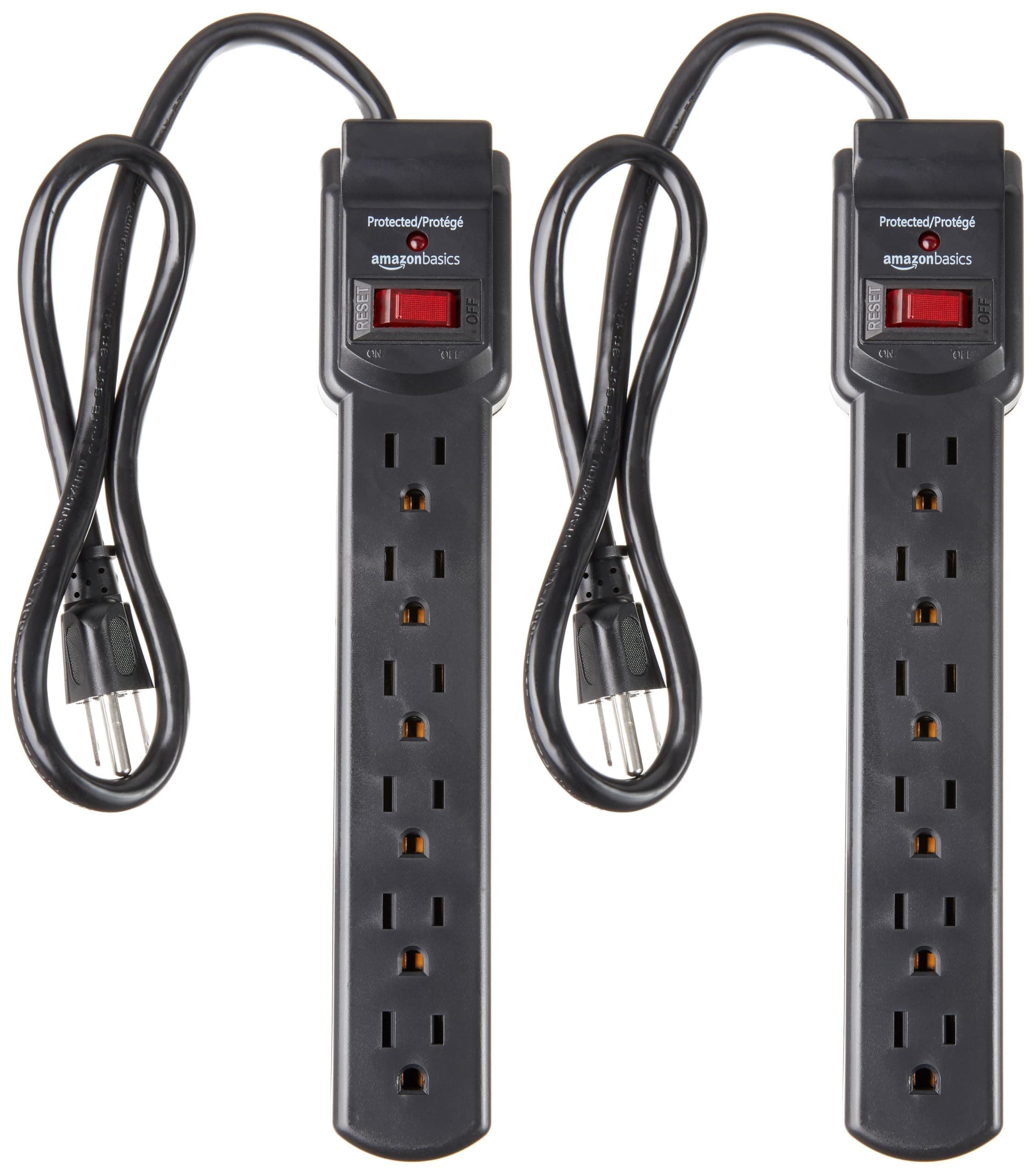 Amazon Basics 6-Outlet Surge Protector Power Strip with 200J Protection, Circuit Breaker, 2ft Extension Cord, Black, 2-Pack
