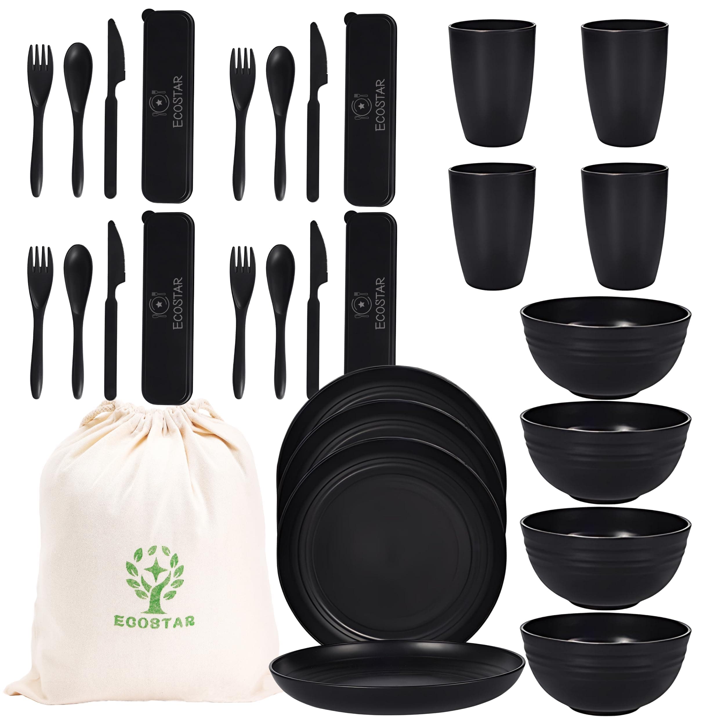 ECOSTAR Wheat Straw Dinnerware Sets Unbreakable Plates Bowls and Cups Reusable Utensils Dishwasher Microwave Safe Bowls and Plates Sets (Black)