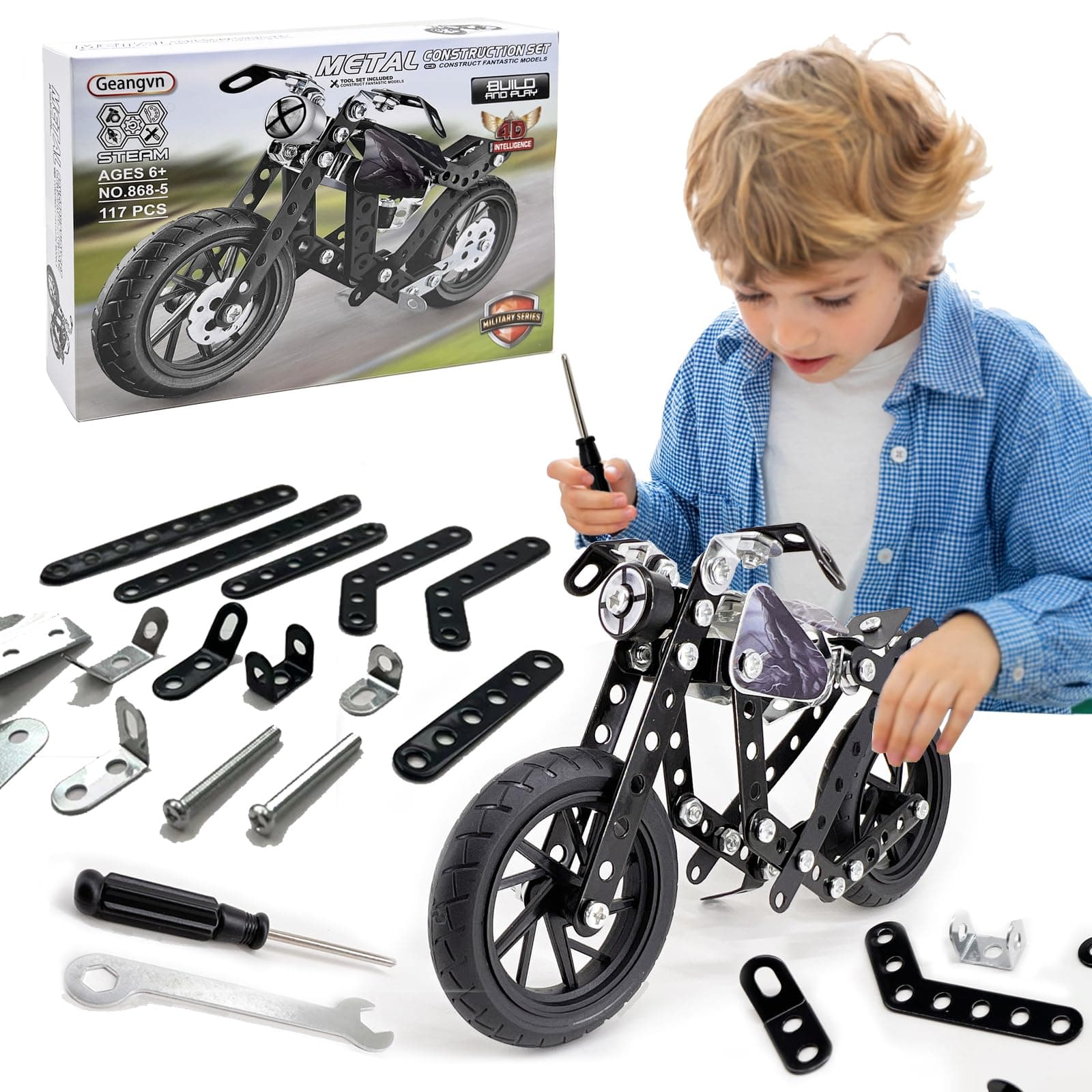Metal Model Motorcycle Kits - 117 Pcs Erector Sets for Boys Age 8-12, Motobike Building Toys, STEM Kits for Kids Age 8-10, Assembly Car Project for 14 and Up, Gifts for 15 16 Year Old Boys and Adults