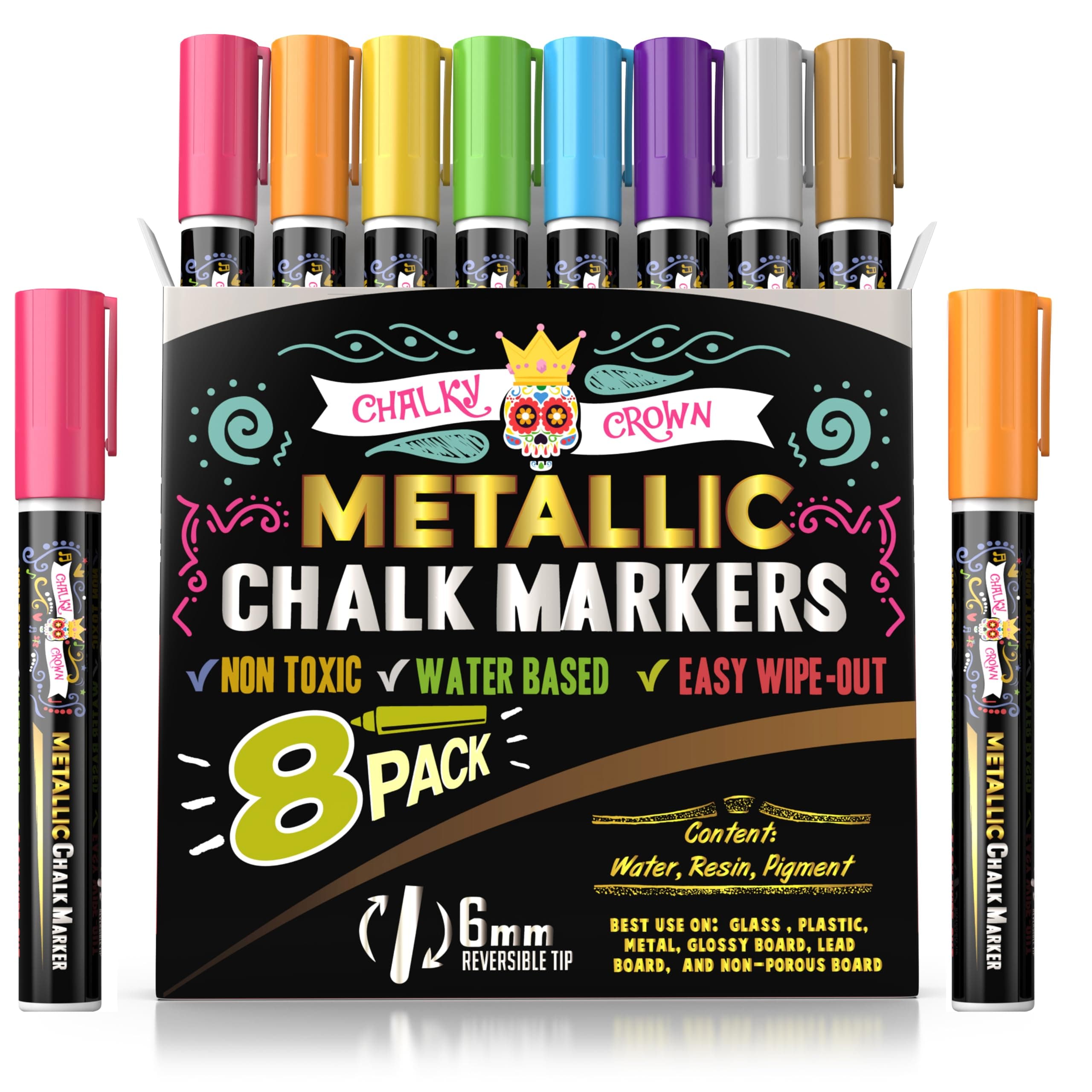 CHALKY CROWN Metallic Liquid Chalk Markers - 8 Pack with Reversible Bullet and Chisel Tips - Dust Free, Erasable, Non-Toxic - Ideal for Blackboards, Windows, and Glass - Writing Tools